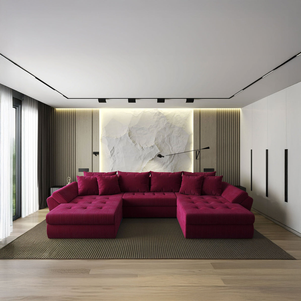 Colțar extensibil dumonde cu ladă de depozitare si sezut confortabil din spuma HR, Loana U Bordeaux Zoom 355x185 cm Fabrica