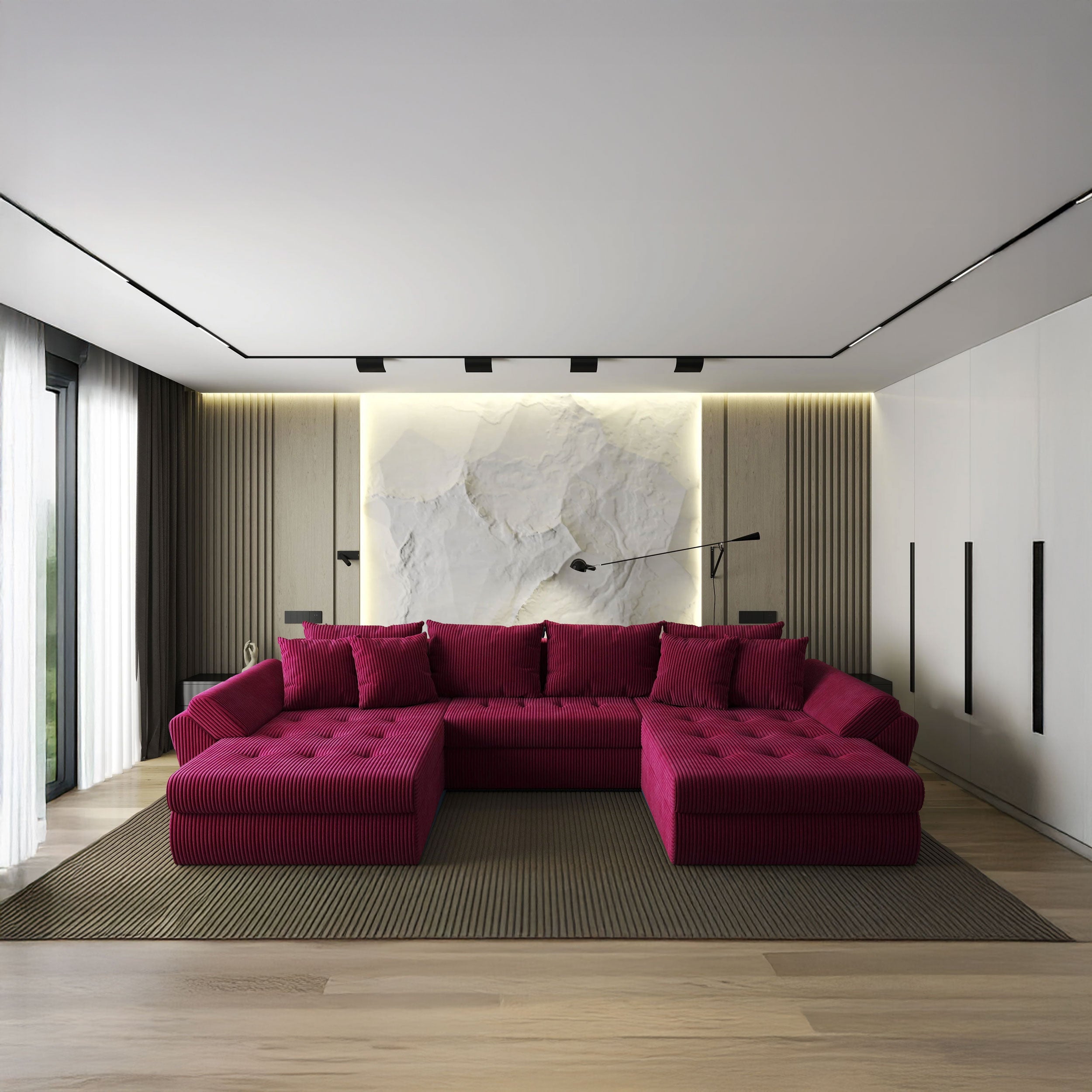 Colțar extensibil dumonde cu ladă de depozitare si sezut confortabil din spuma HR, Loana U Bordeaux Zoom 355x185 cm Fabrica