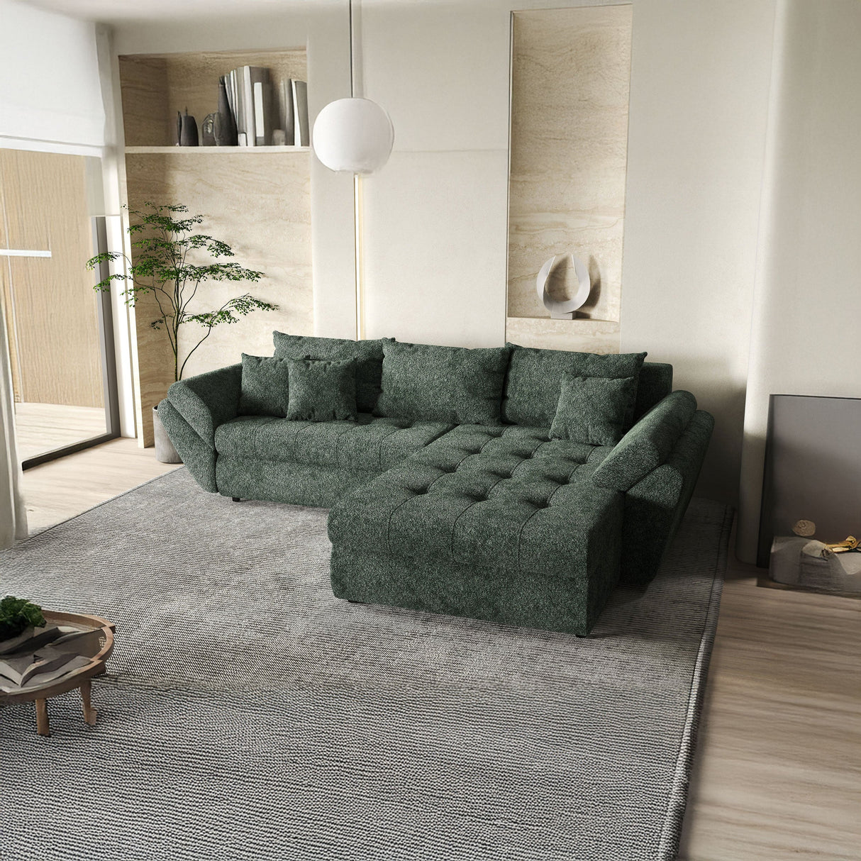 Colțar extensibil dumonde cu ladă de depozitare si sezut confortabil din spuma HR, Loana Verde Euphoria II 270x185 cm Fabrica