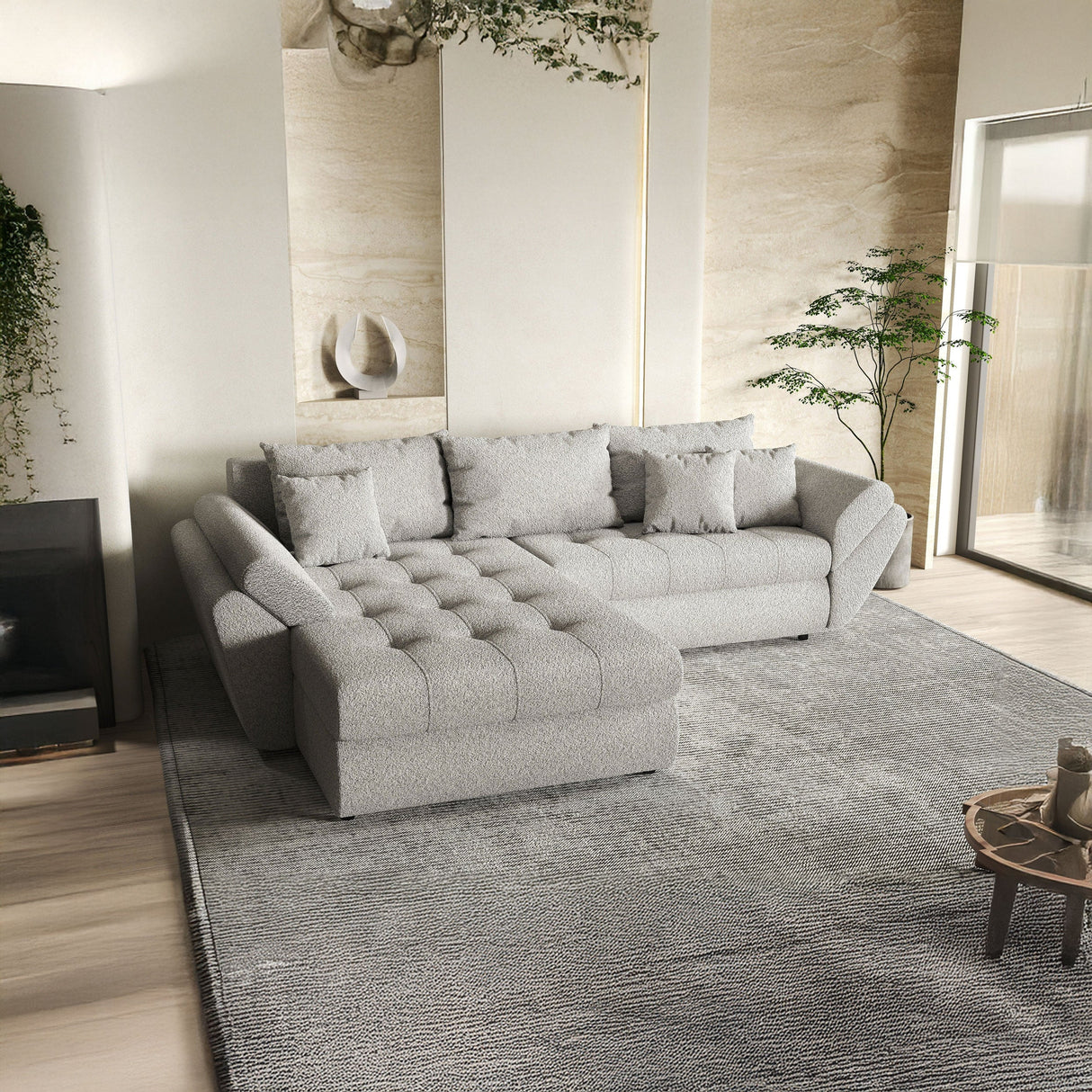 Colțar extensibil dumonde cu ladă de depozitare si sezut confortabil din spuma HR, Loana Gri Euphoria 270x185 cm Fabrica