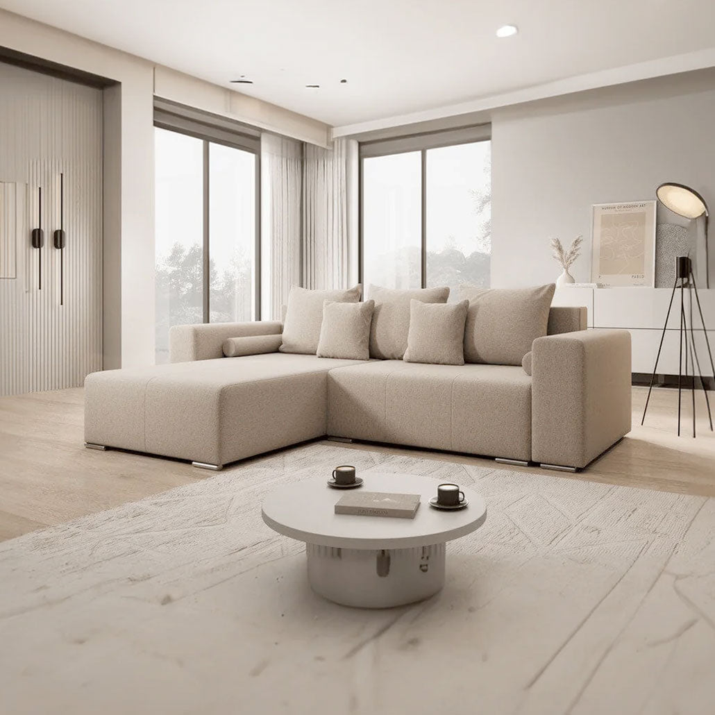 Colțar extensibil dumonde cu ladă de depozitare si sezut confortabil din spuma HR, Marbela Beige 275x185 cm Fabrica