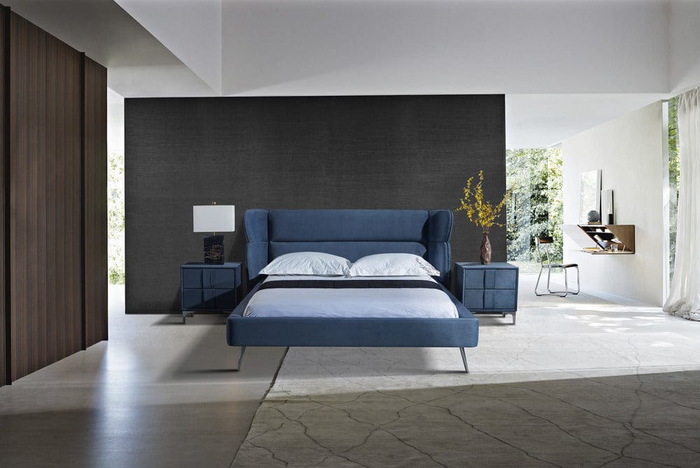 Pat dormitor dumonde, tapitat albastru, Sierra 160x200 cm, somiera inclusa CRNB