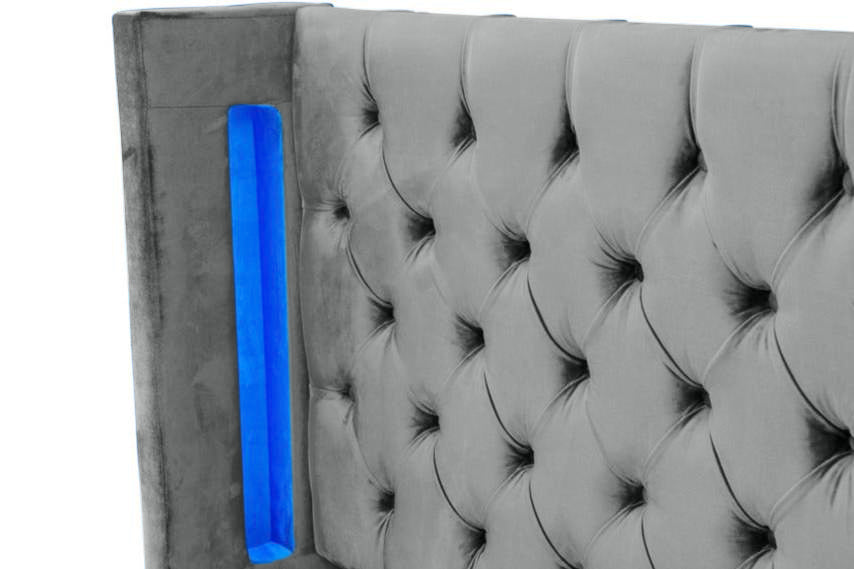 Pat dormitor dumonde, tapitat gri, Nisa 160x200 cm, somiera rabatabila inclusa, spatiu depozitare WLS