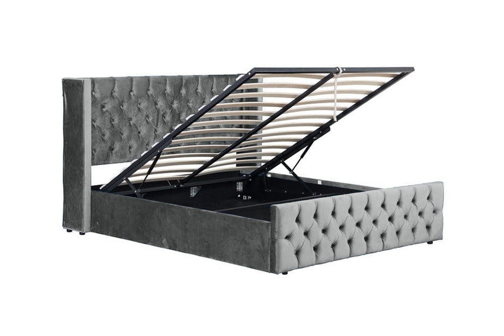 Pat dormitor dumonde, tapitat gri, Nisa 160x200 cm, somiera rabatabila inclusa, spatiu depozitare WLS