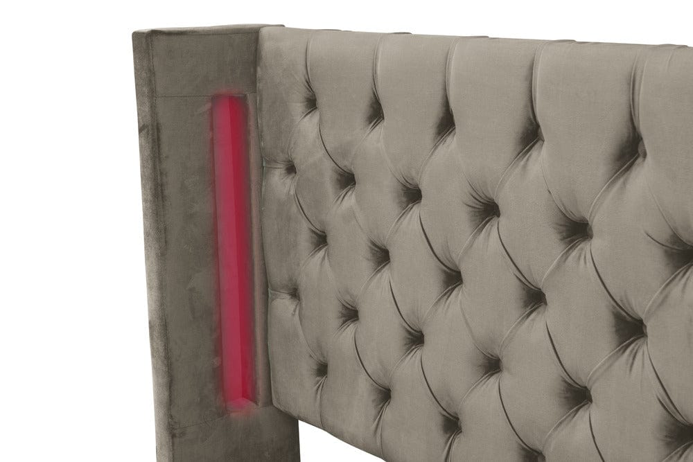 Pat dormitor dumonde, tapitat bej cu LED, Nisa 2 180x200 cm, somiera rabatabila inclusa, spatiu depozitare WLS