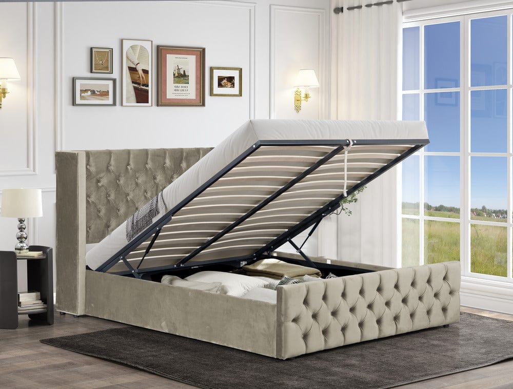 Pat dormitor dumonde, tapitat bej cu LED, Nisa 2 180x200 cm, somiera rabatabila inclusa, spatiu depozitare WLS