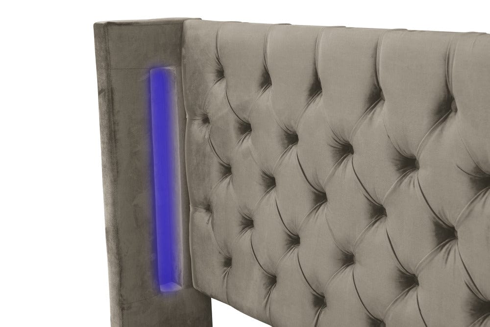 Pat dormitor dumonde, tapitat bej cu LED, Nisa 2 180x200 cm, somiera rabatabila inclusa, spatiu depozitare WLS