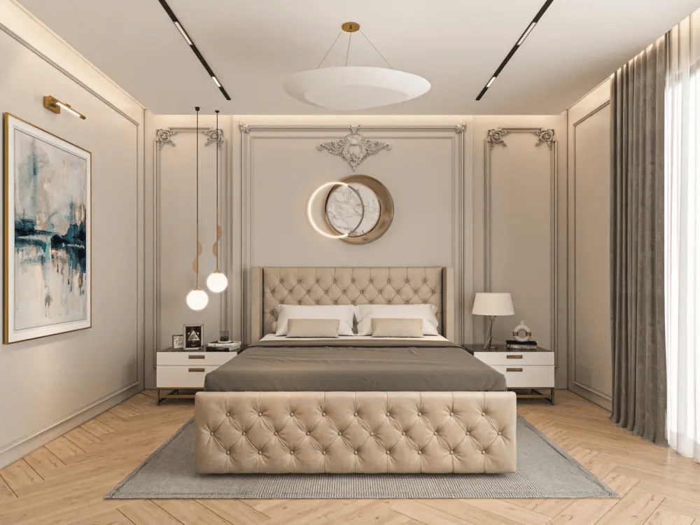 Pat dormitor dumonde, tapitat bej cu LED, Nisa 2 160x200 cm, somiera rabatabila inclusa, spatiu depozitare WLS