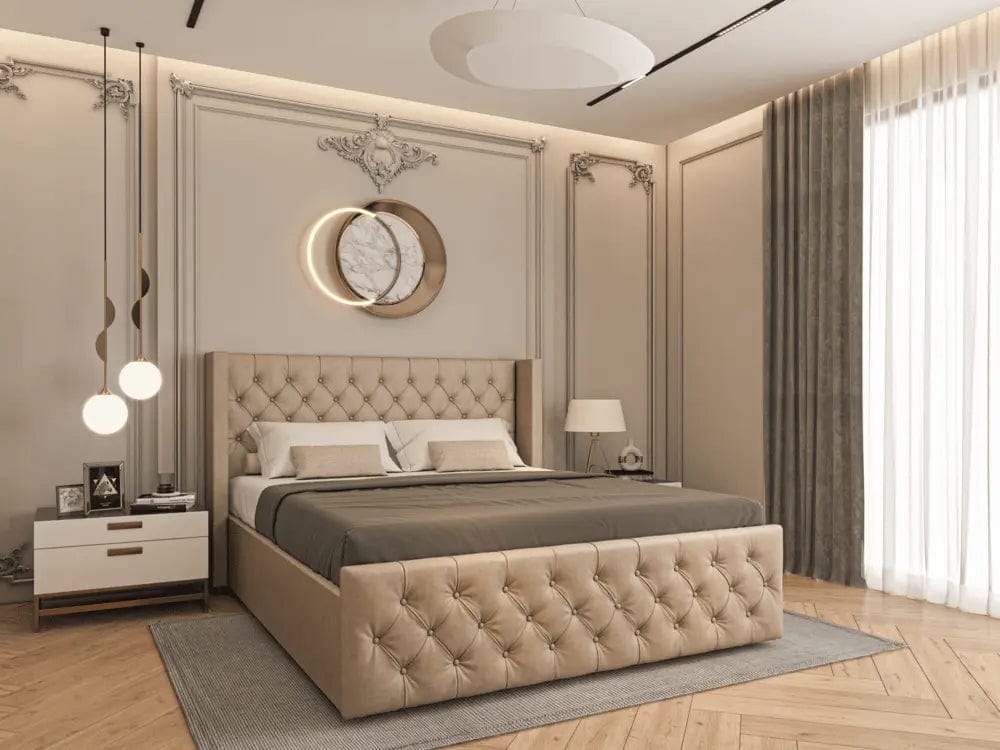 Pat dormitor dumonde, tapitat bej cu LED, Nisa 2 160x200 cm, somiera rabatabila inclusa, spatiu depozitare WLS