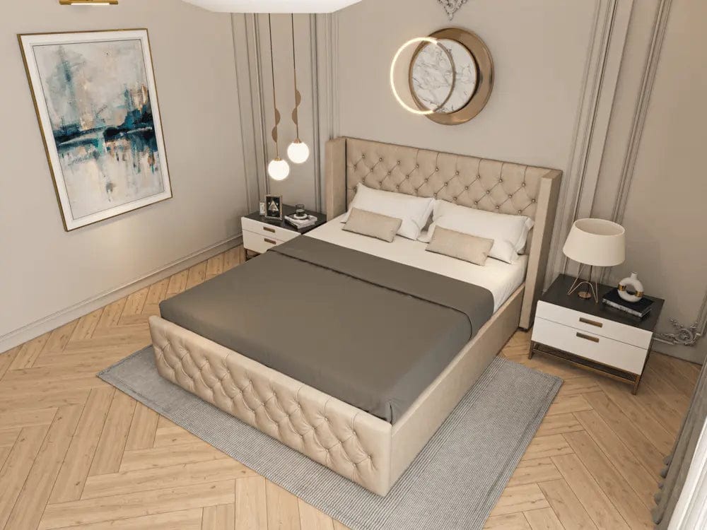 Pat dormitor dumonde, tapitat bej cu LED, Nisa 2 160x200 cm, somiera rabatabila inclusa, spatiu depozitare WLS