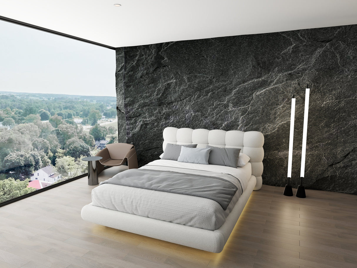 Pat dormitor dumonde, tapitat alb cu LED "floating bed" Cloud 180x200 cm, somiera inclusa WLS