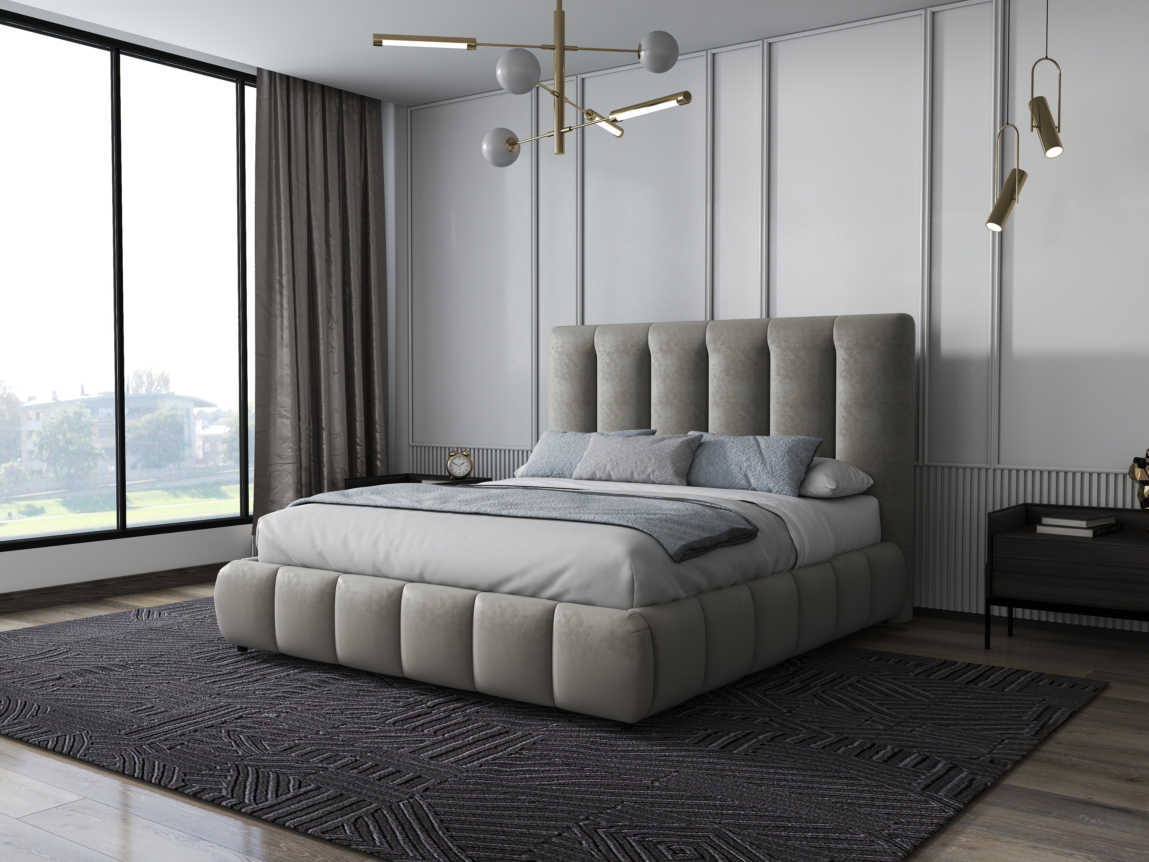 Pat dormitor dumonde, tapitat bej, Divaneo 160x200 cm, somiera rabatabila inclusa, spatiu depozitare WLS