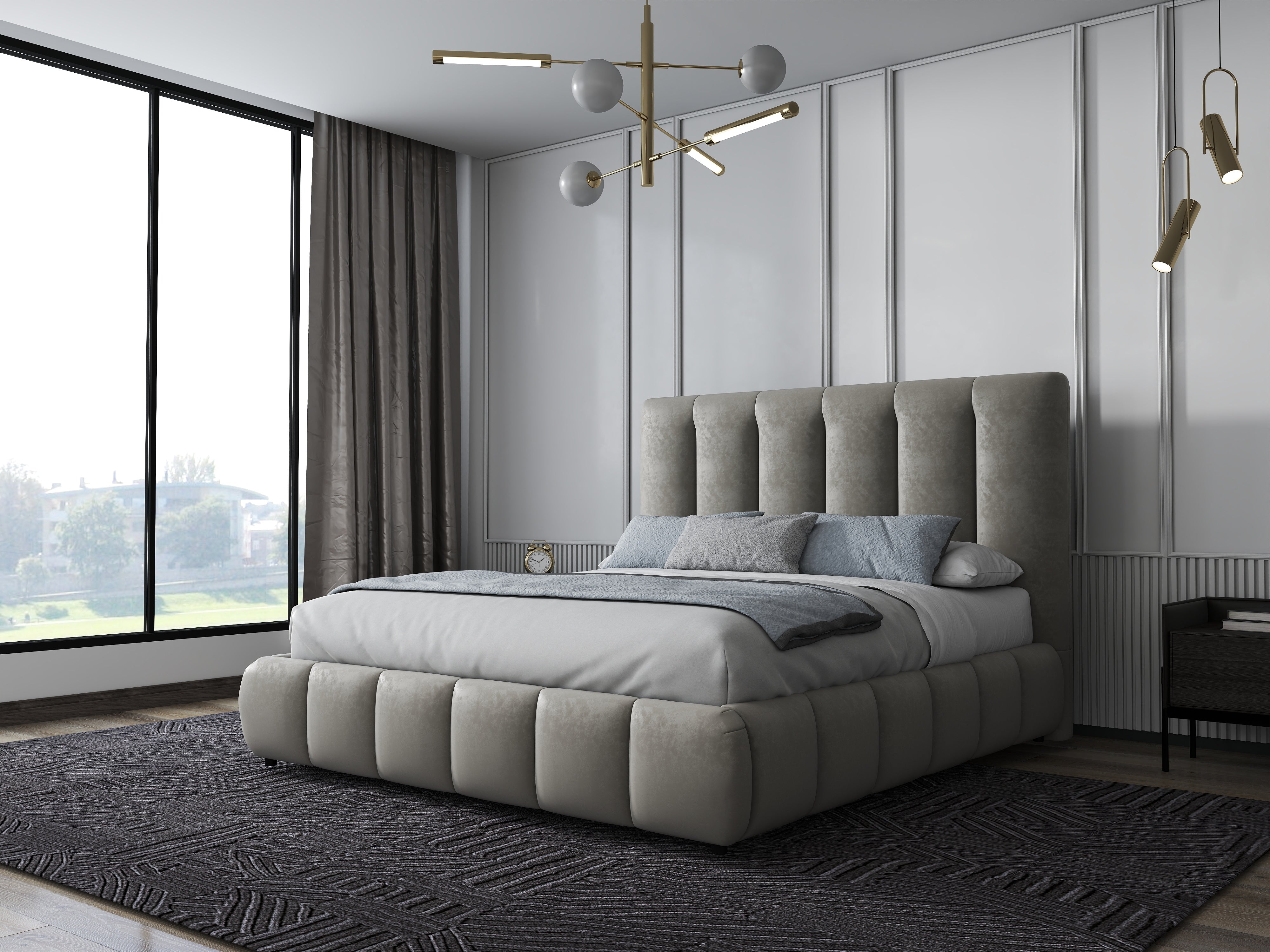 Pat dormitor dumonde, tapitat bej, Divaneo 160x200 cm, somiera rabatabila inclusa, spatiu depozitare WLS