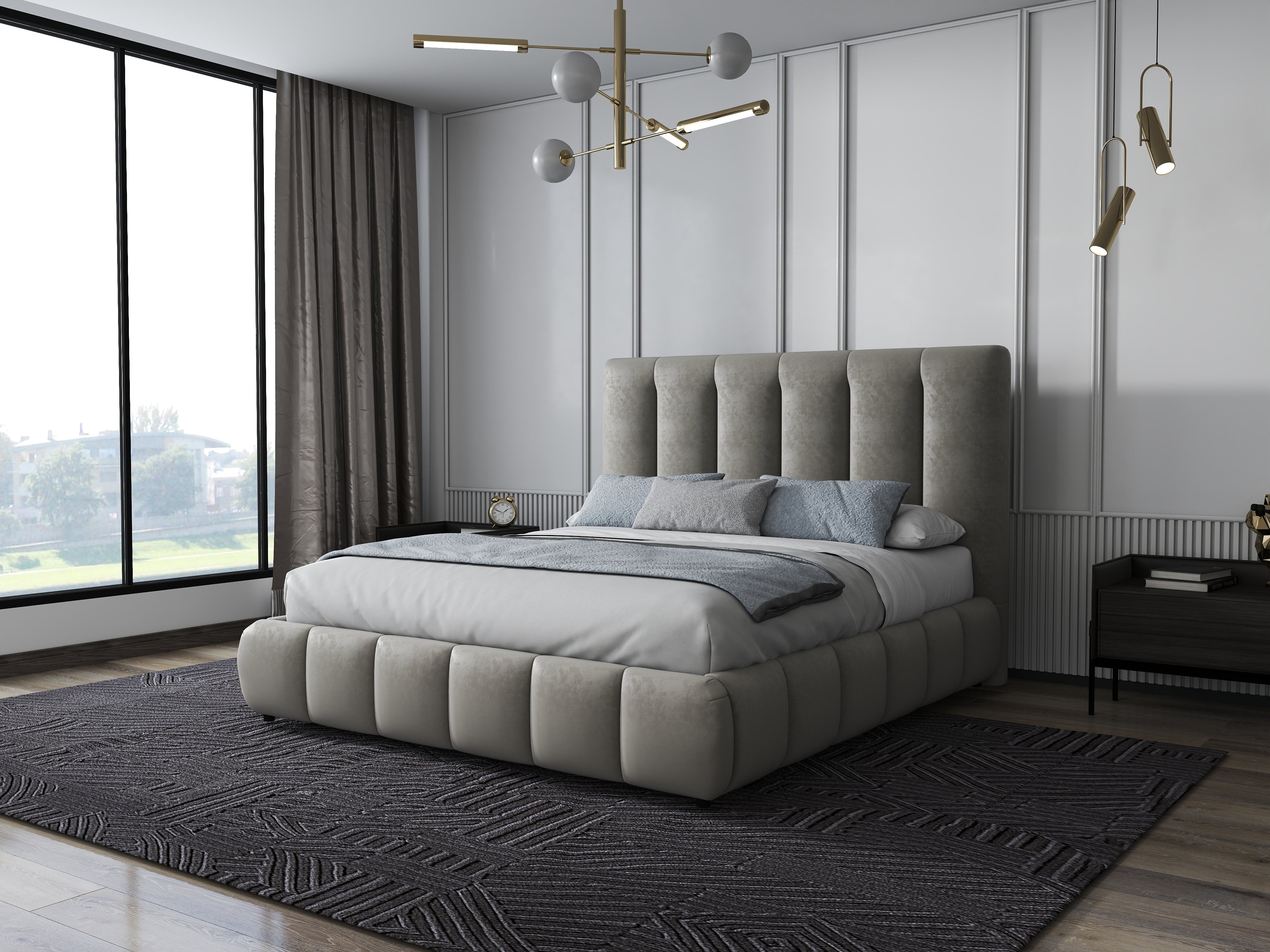 Pat dormitor dumonde, tapitat bej, Divaneo 180x200 cm, somiera rabatabila inclusa, spatiu depozitare WLS