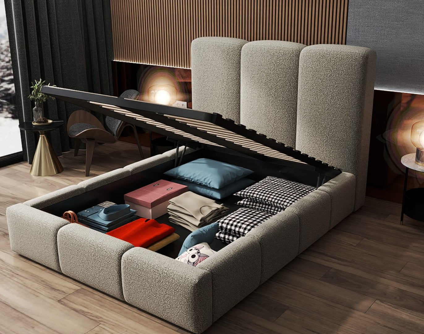 Pat dormitor dumonde, tapitat bej, Dinasty 180x200 cm, somiera rabatabila inclusa, spatiu depozitare WLS