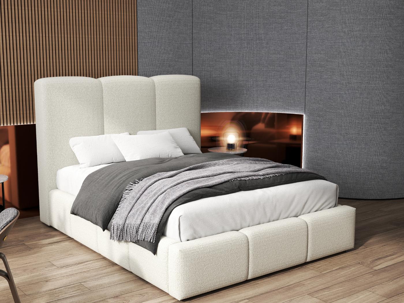 Pat dormitor dumonde, tapitat bej, Dinasty 160x200 cm, somiera rabatabila inclusa, spatiu depozitare WLS