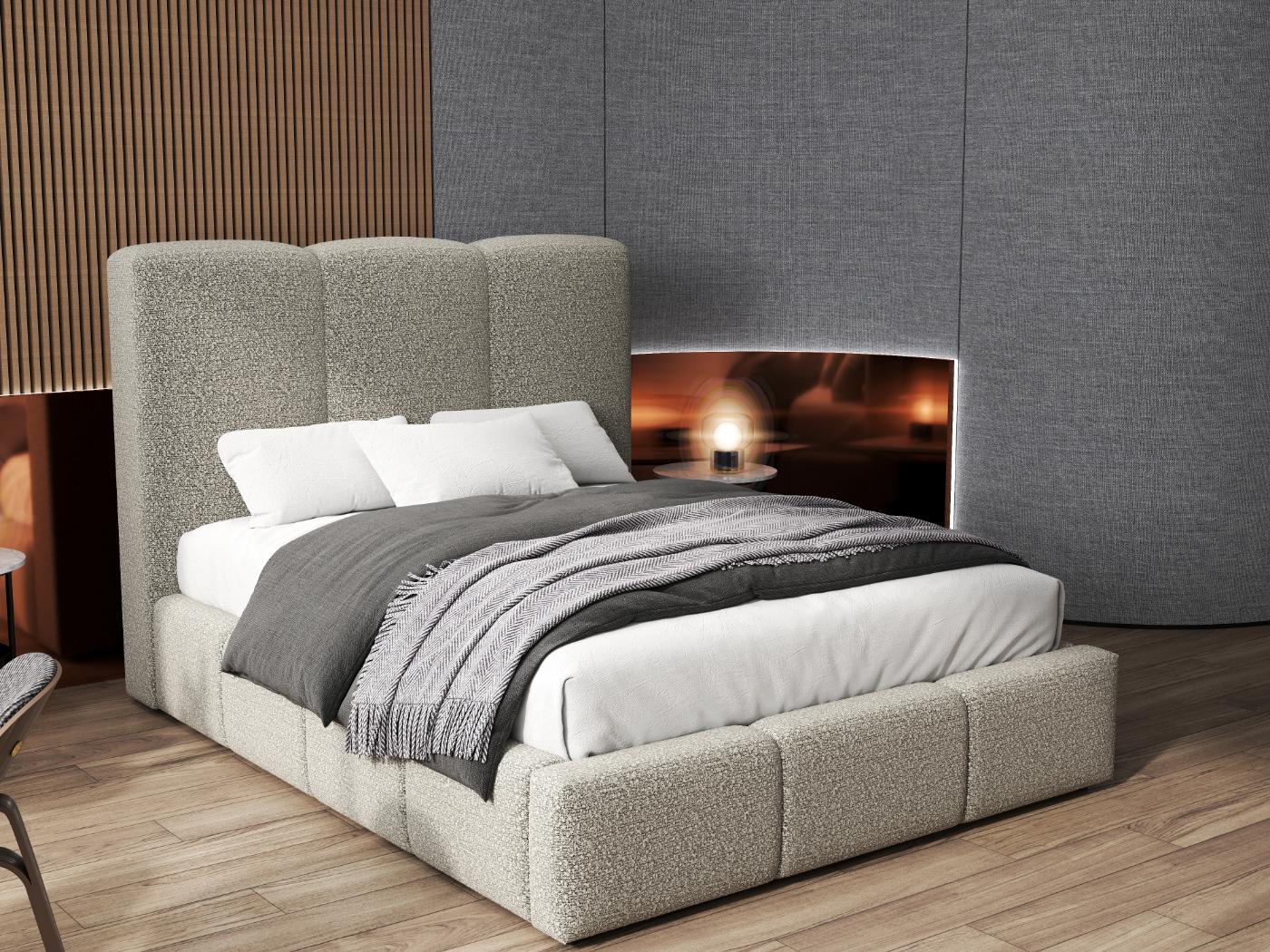 Pat dormitor dumonde, tapitat bej, Dinasty 180x200 cm, somiera rabatabila inclusa, spatiu depozitare WLS