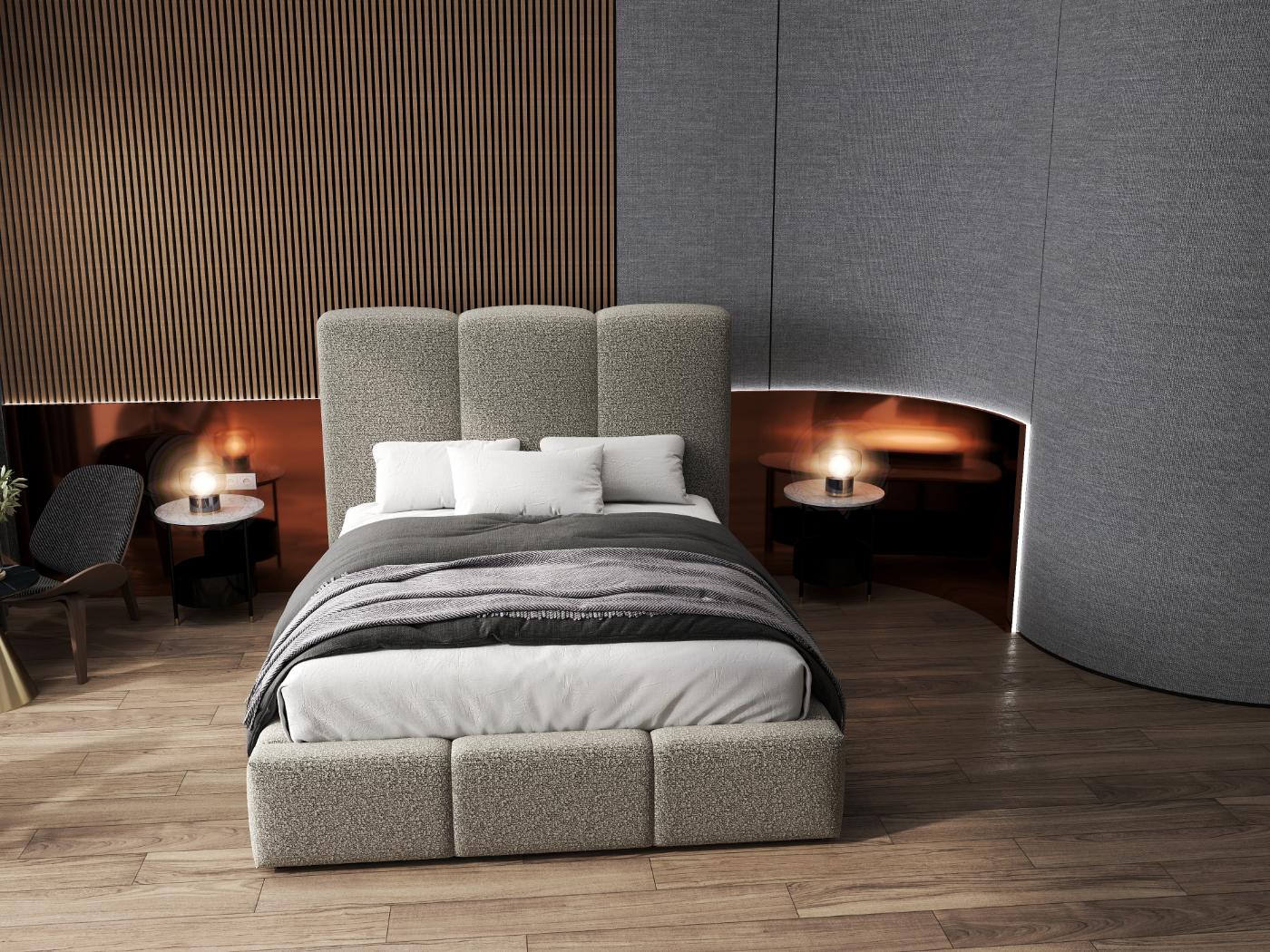 Pat dormitor dumonde, tapitat bej, Dinasty 180x200 cm, somiera rabatabila inclusa, spatiu depozitare WLS