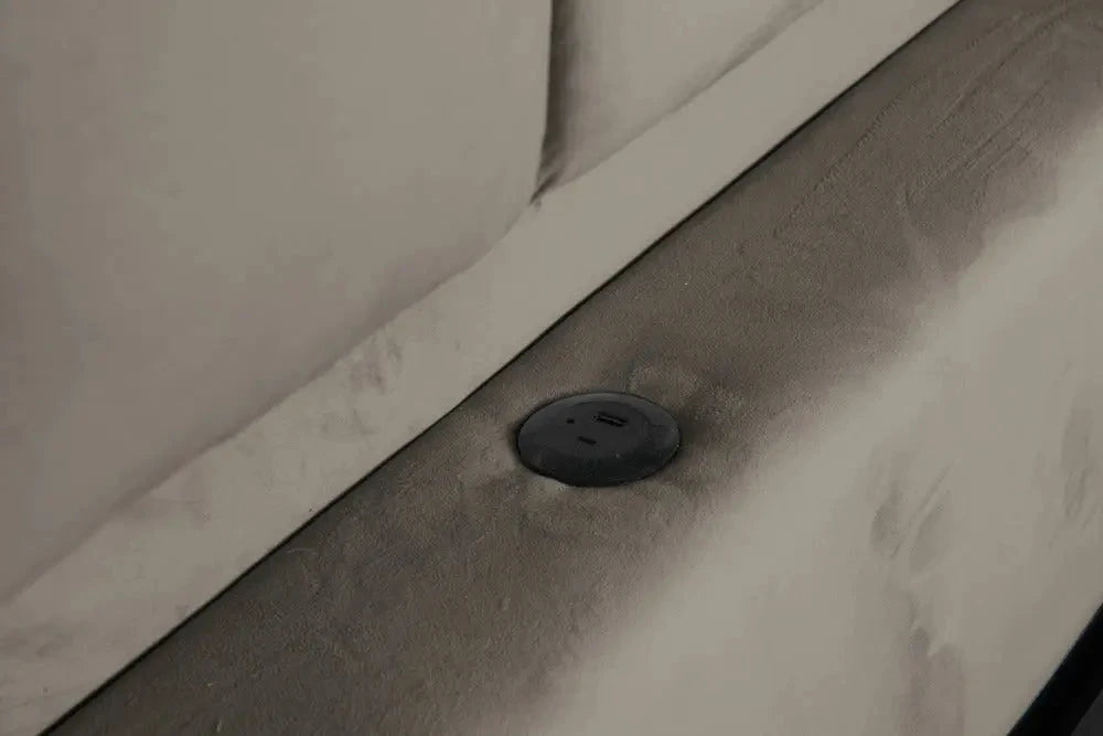 Pat dormitor dumonde, tapitat gri cu LED si USB, Palermo 140x200 cm, somiera rabatabila inclusa, spatiu depozitare WLS