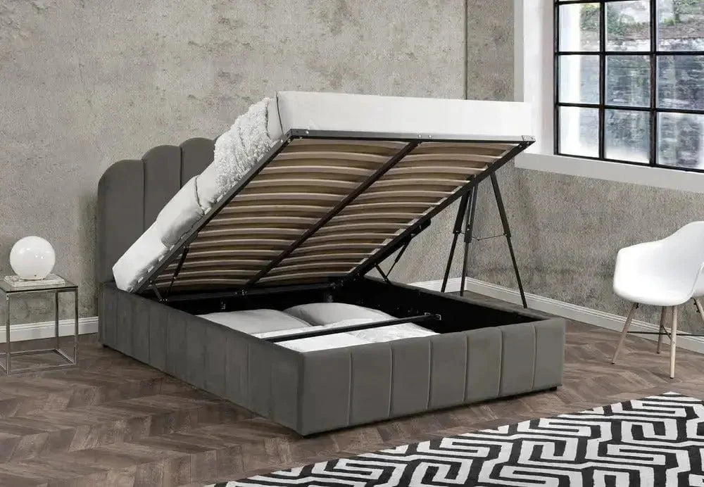 Pat dormitor dumonde, tapitat gri, Amira 140x200 cm, somiera rabatabila inclusa, spatiu depozitare WLS