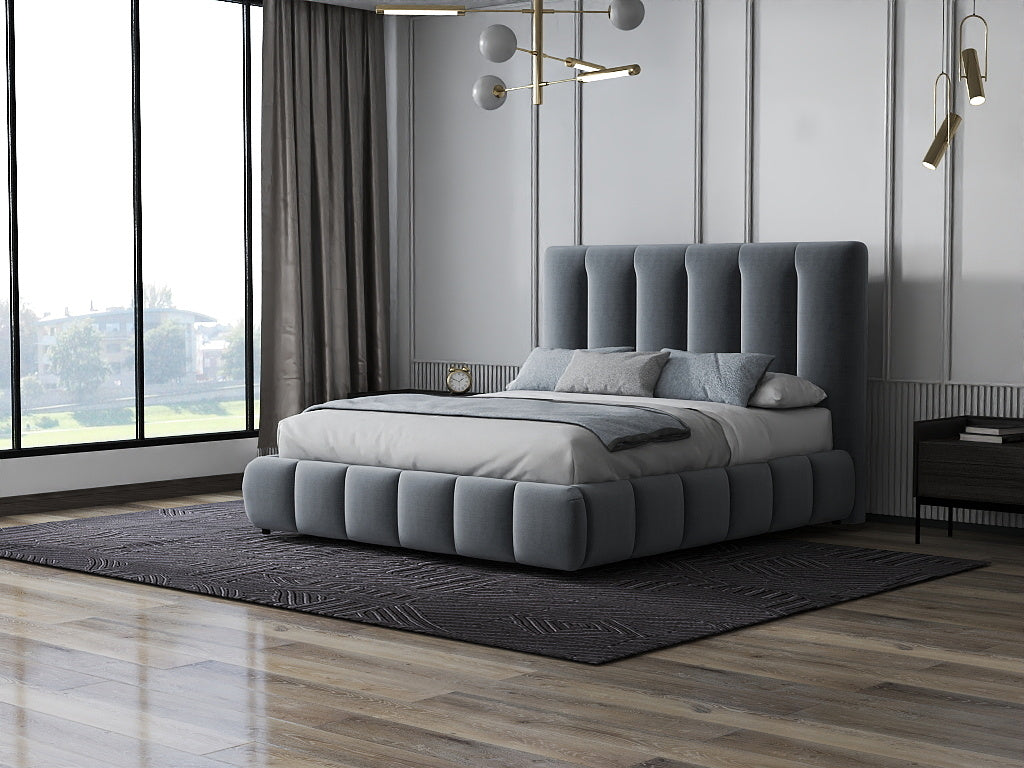 Pat dormitor dumonde, tapitat gri, Divaneo 180x200 cm, somiera rabatabila inclusa, spatiu depozitare WLS