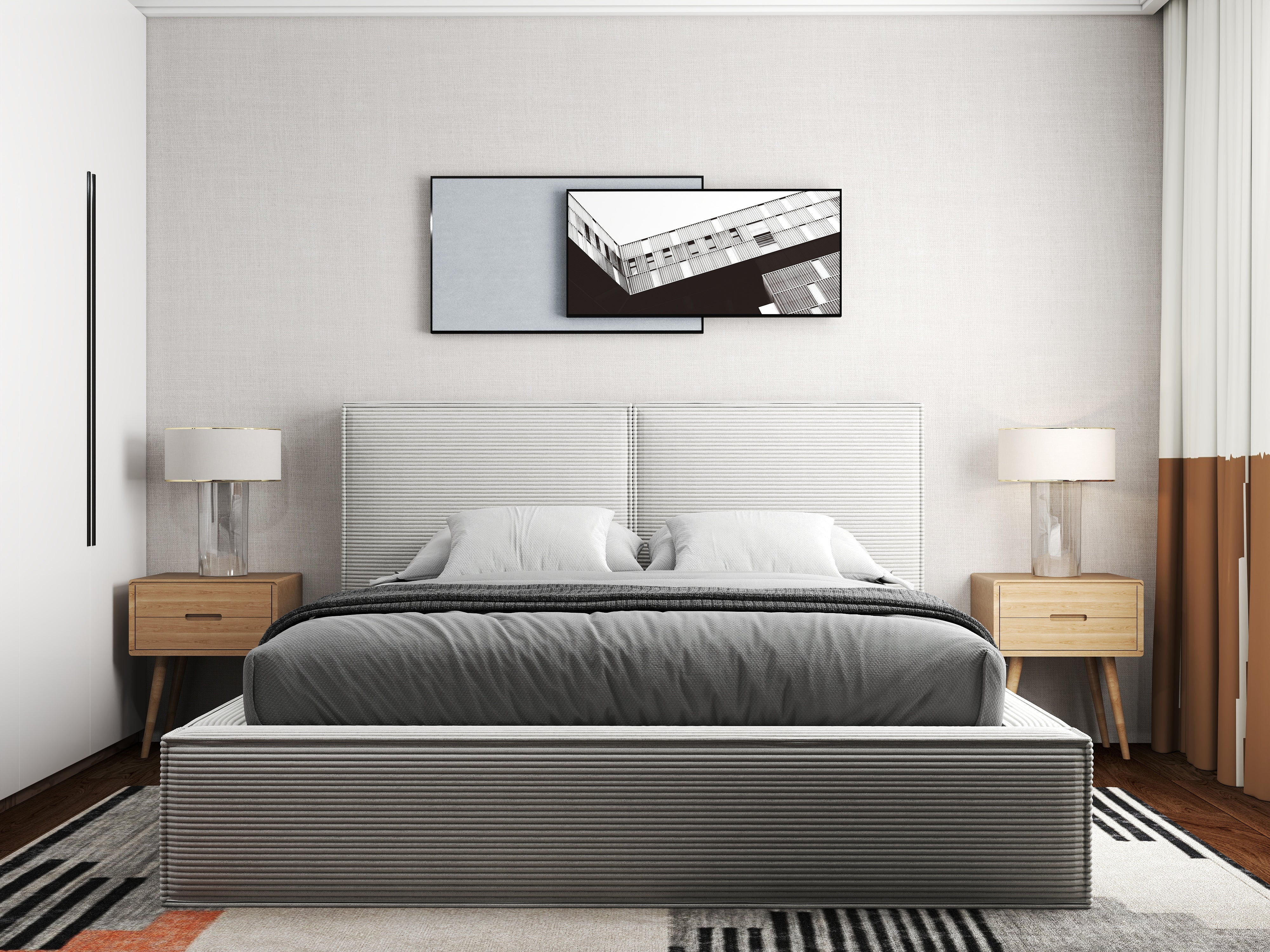 Pat dormitor dumonde, tapitat gri, Dreamer 180x200 cm, somiera rabatabila inclusa, spatiu depozitare WLS