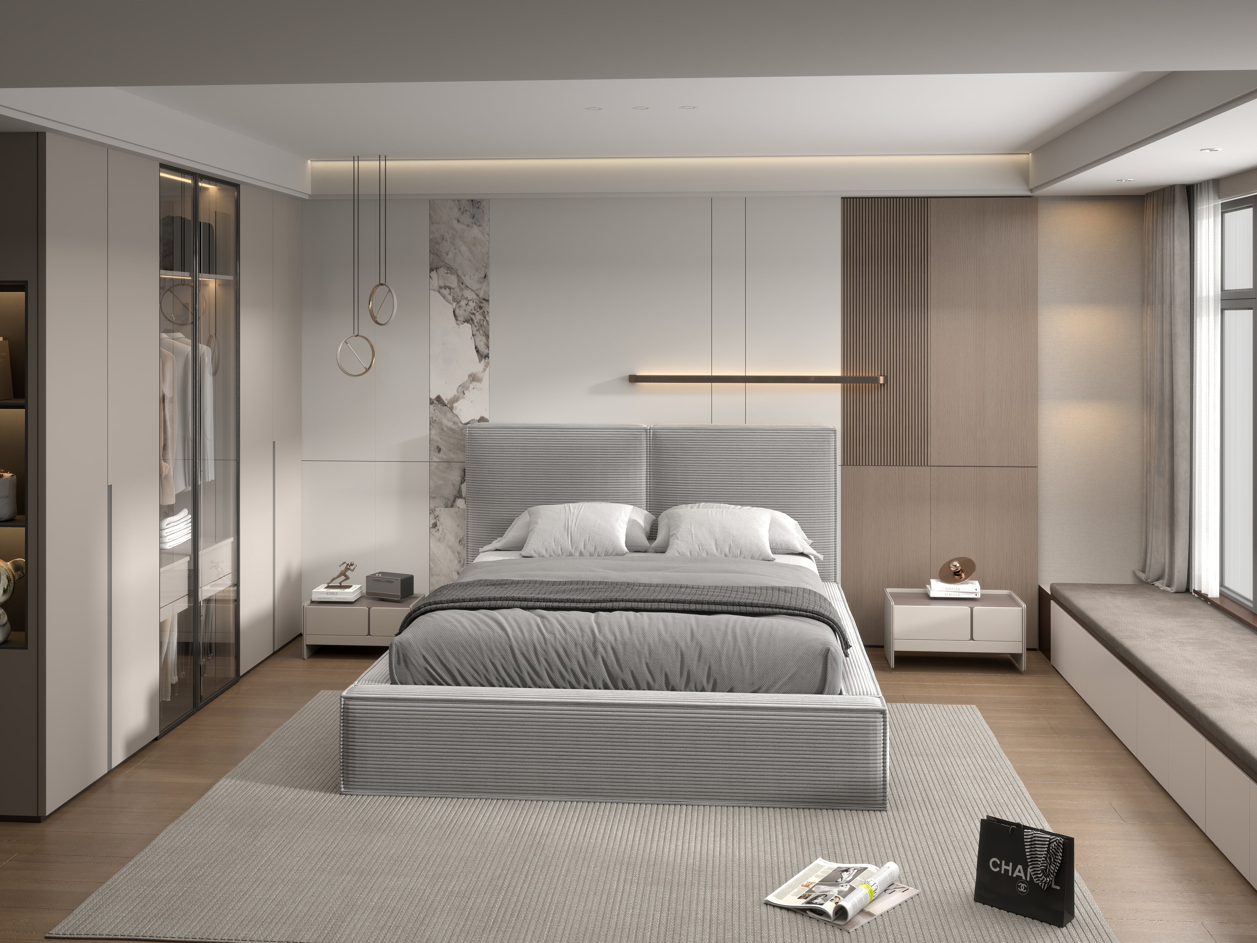 Pat dormitor dumonde, tapitat gri, Dreamer 180x200 cm, somiera rabatabila inclusa, spatiu depozitare WLS