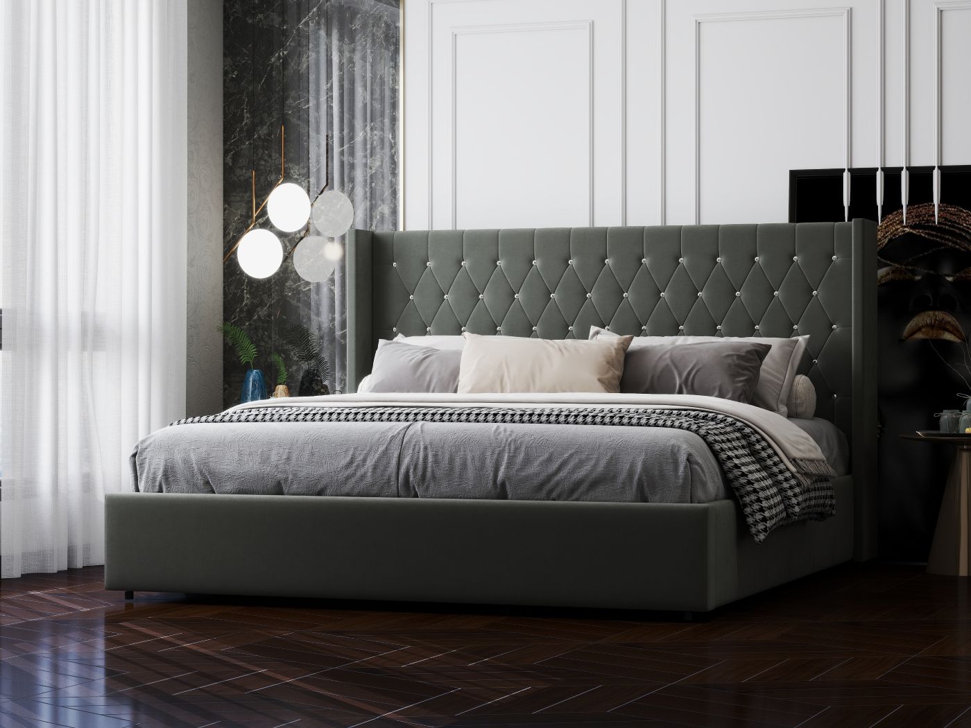 Pat dormitor dumonde, tapitat gri, Venice 180x200 cm, somiera rabatabila inclusa, spatiu depozitare WLS