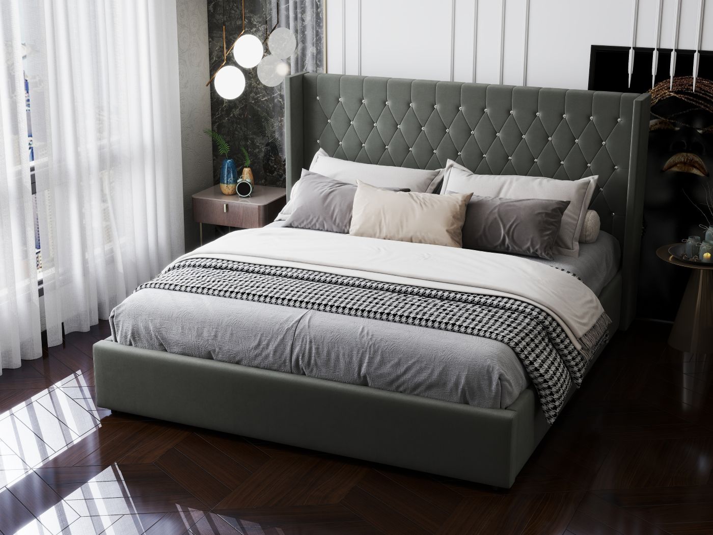 Pat dormitor dumonde, tapitat gri, Venice 180x200 cm, somiera rabatabila inclusa, spatiu depozitare WLS