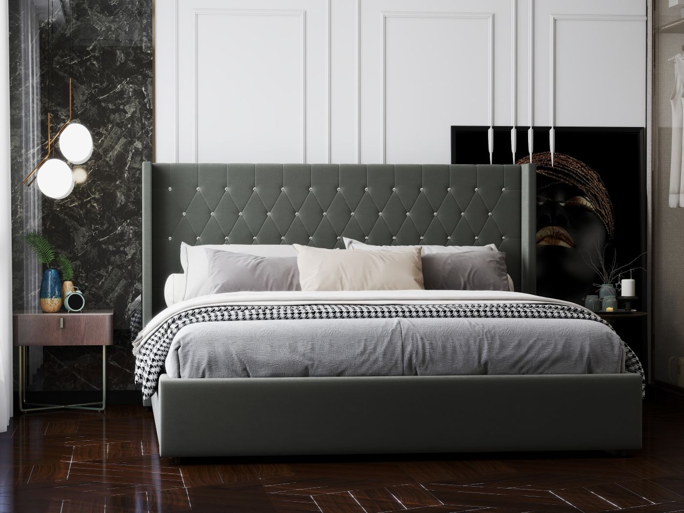 Pat dormitor dumonde, tapitat gri, Venice 180x200 cm, somiera rabatabila inclusa, spatiu depozitare WLS