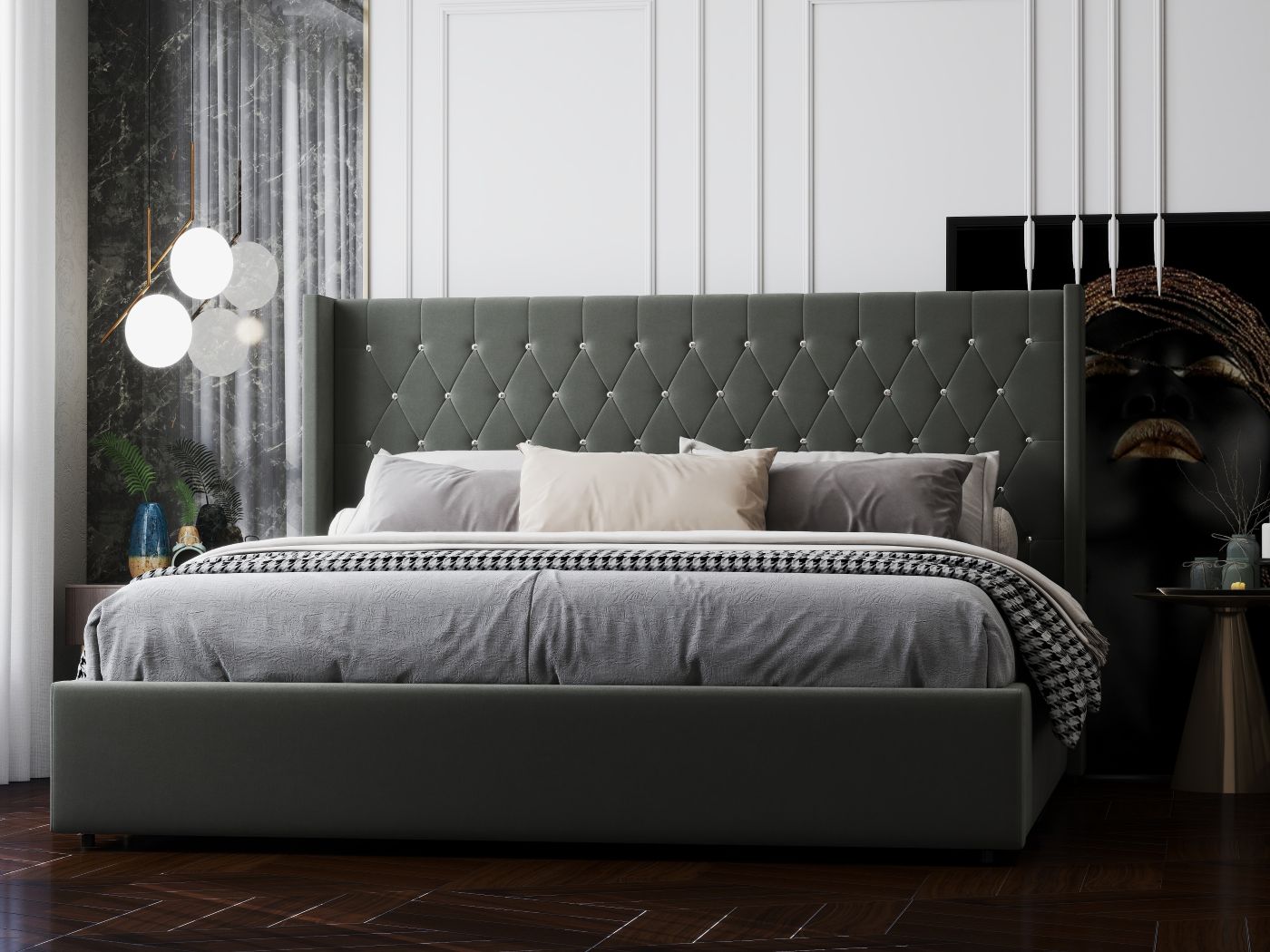 Pat dormitor dumonde, tapitat gri, Venice 180x200 cm, somiera rabatabila inclusa, spatiu depozitare WLS