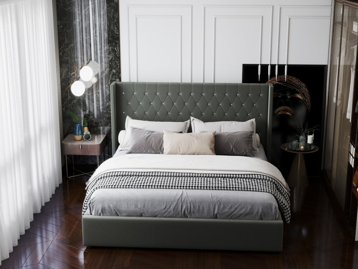 Pat dormitor dumonde, tapitat gri, Venice 180x200 cm, somiera rabatabila inclusa, spatiu depozitare WLS