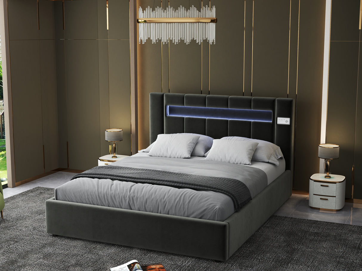 Pat dormitor dumonde, tapitat gri cu LED si SISTEM AUDIO, Glow 180x200 cm, somiera rabatabila inclusa, spatiu depozitare