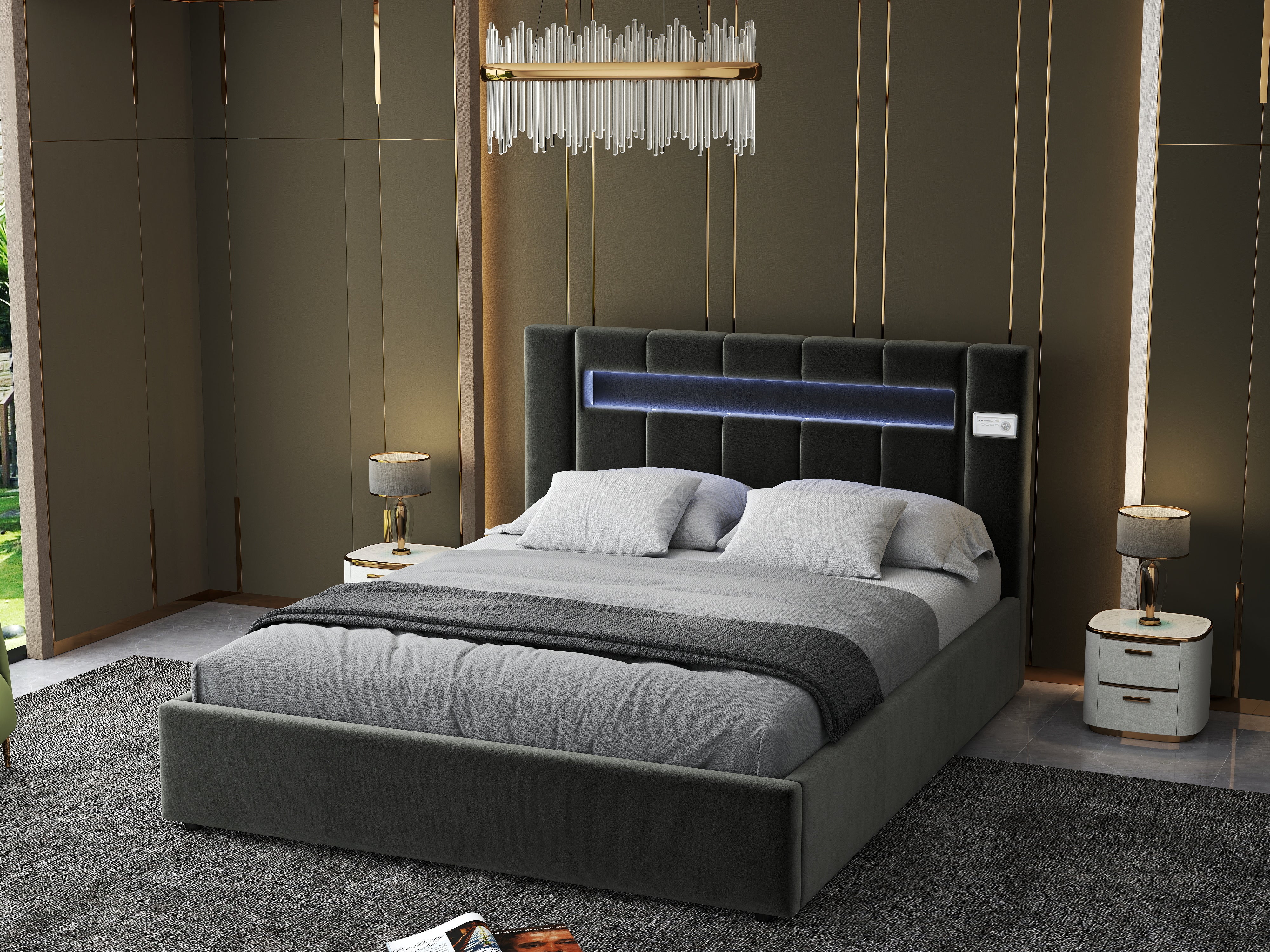 Pat dormitor dumonde, tapitat gri cu LED si SISTEM AUDIO, Glow 180x200 cm, somiera rabatabila inclusa, spatiu depozitare WLS