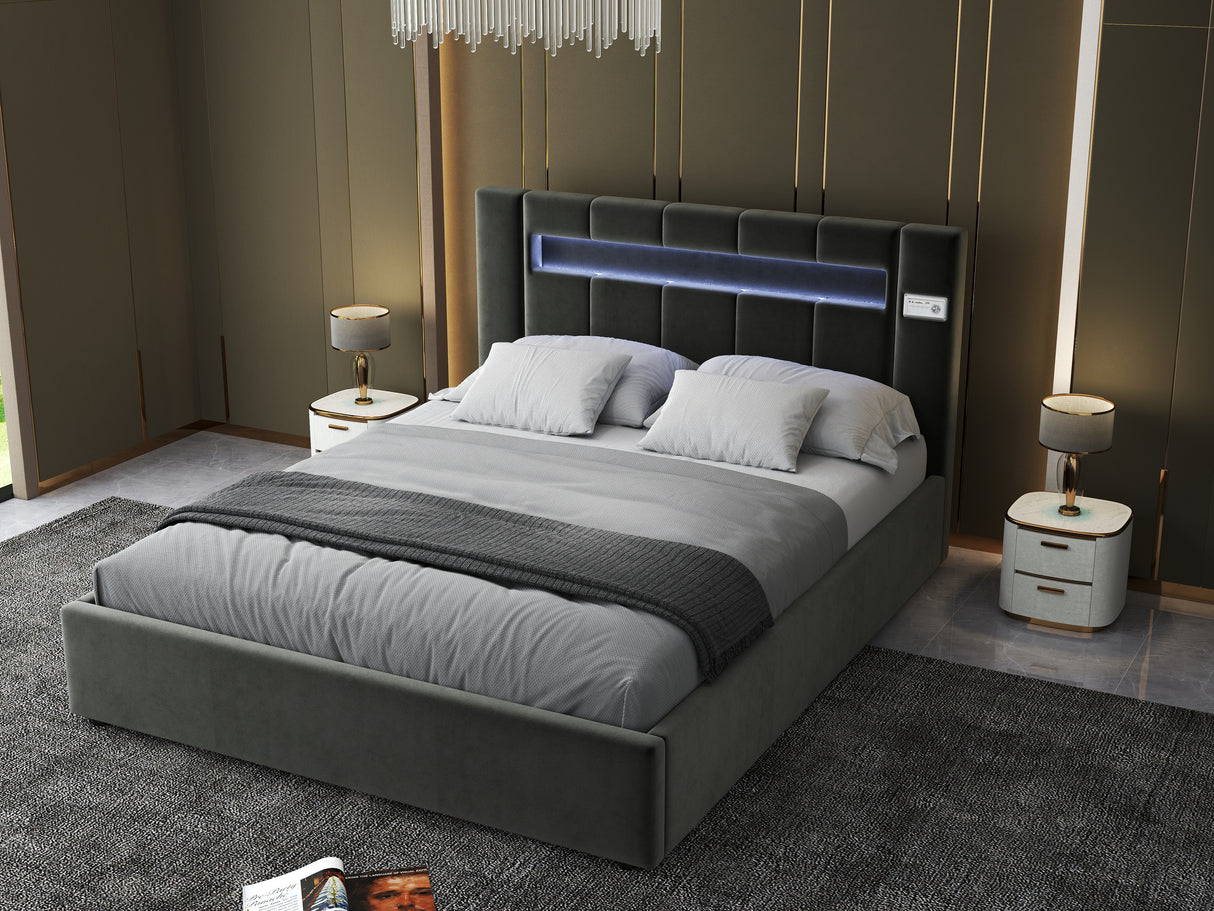 Pat dormitor dumonde, tapitat gri cu LED si SISTEM AUDIO, Glow 180x200 cm, somiera rabatabila inclusa, spatiu depozitare