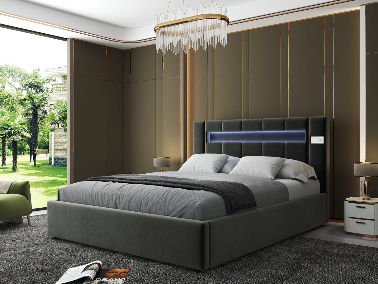 Pat dormitor dumonde, tapitat gri cu LED si SISTEM AUDIO, Glow 180x200 cm, somiera rabatabila inclusa, spatiu depozitare