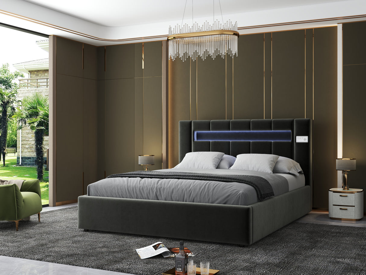 Pat dormitor dumonde, tapitat gri cu LED si SISTEM AUDIO, Glow 180x200 cm, somiera rabatabila inclusa, spatiu depozitare