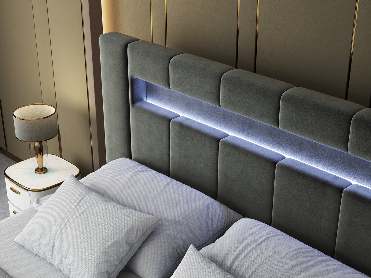 Pat dormitor dumonde, tapitat gri cu LED si SISTEM AUDIO, Glow 180x200 cm, somiera rabatabila inclusa, spatiu depozitare