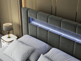 Pat dormitor dumonde, tapitat gri cu LED si SISTEM AUDIO, Glow 180x200 cm, somiera rabatabila inclusa, spatiu depozitare