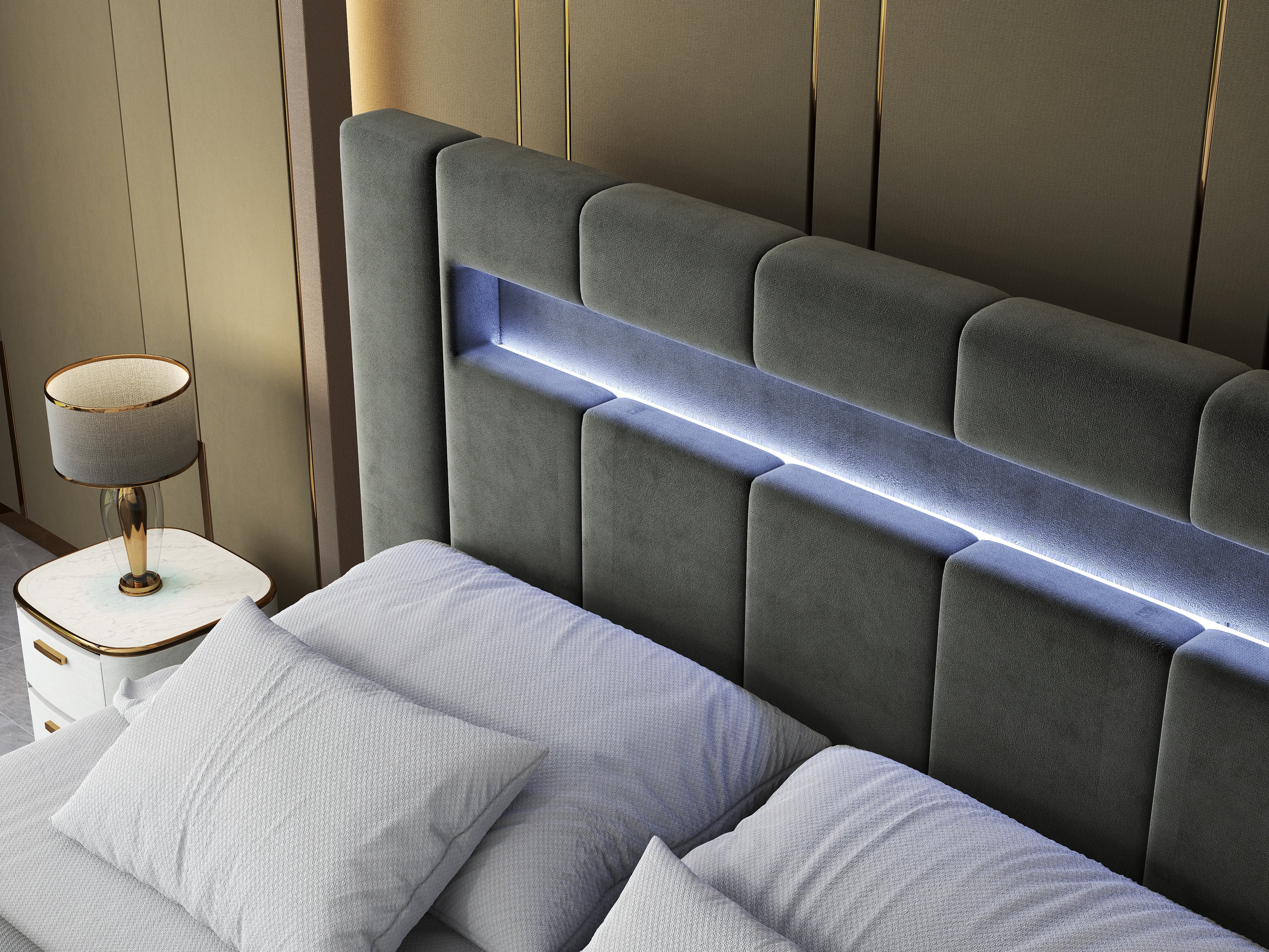 Pat dormitor dumonde, tapitat gri cu LED si SISTEM AUDIO, Glow 180x200 cm, somiera rabatabila inclusa, spatiu depozitare WLS