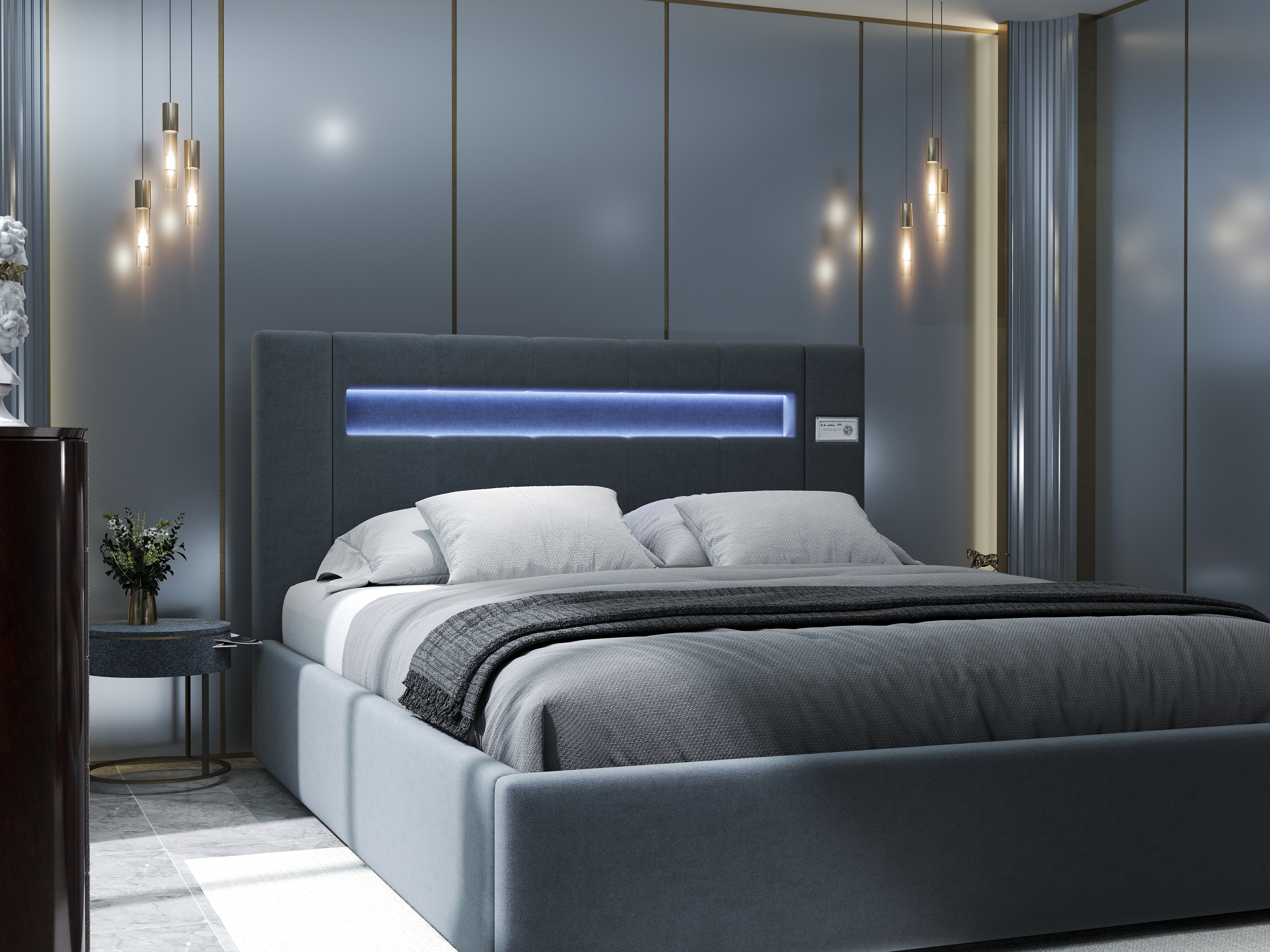 Pat dormitor dumonde, tapitat gri cu LED si SISTEM AUDIO, Glow 160x200 cm, somiera rabatabila inclusa, spatiu depozitare WLS