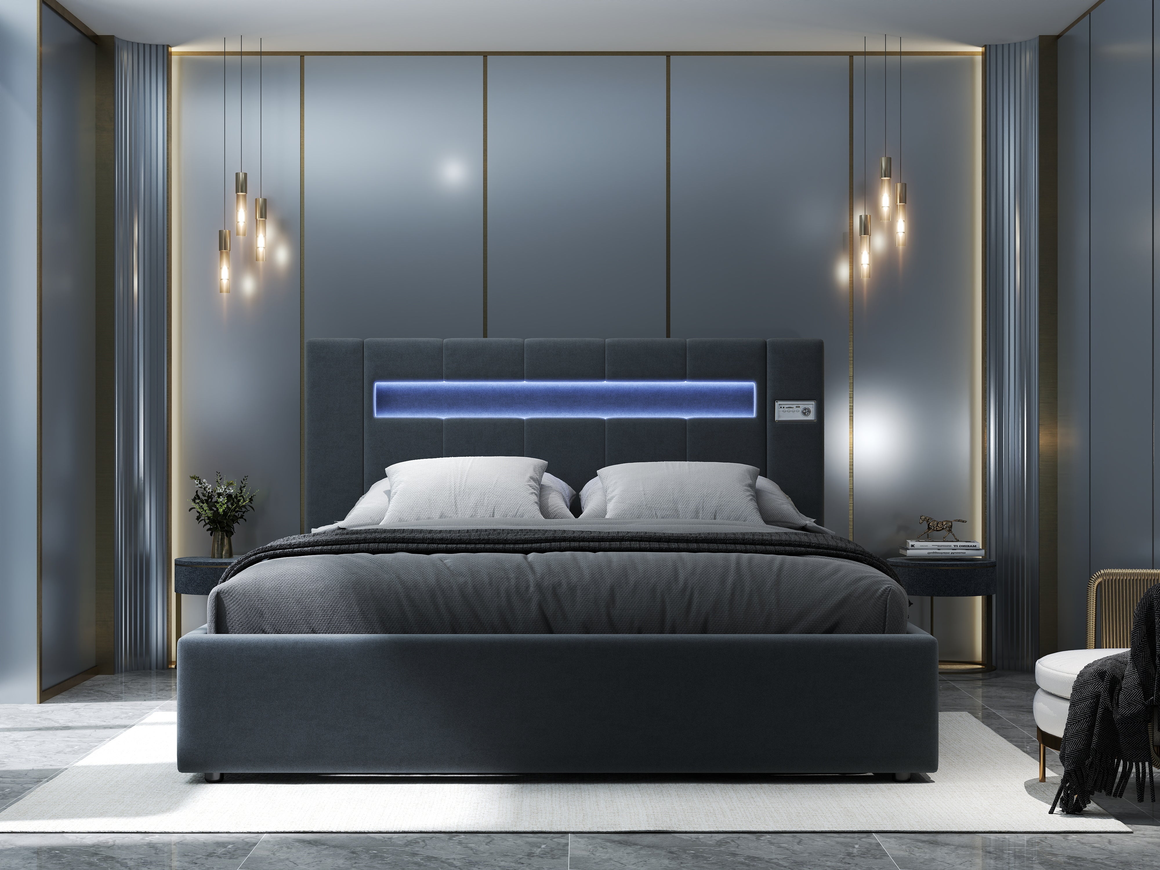 Pat dormitor dumonde, tapitat gri cu LED si SISTEM AUDIO, Glow 160x200 cm, somiera rabatabila inclusa, spatiu depozitare WLS