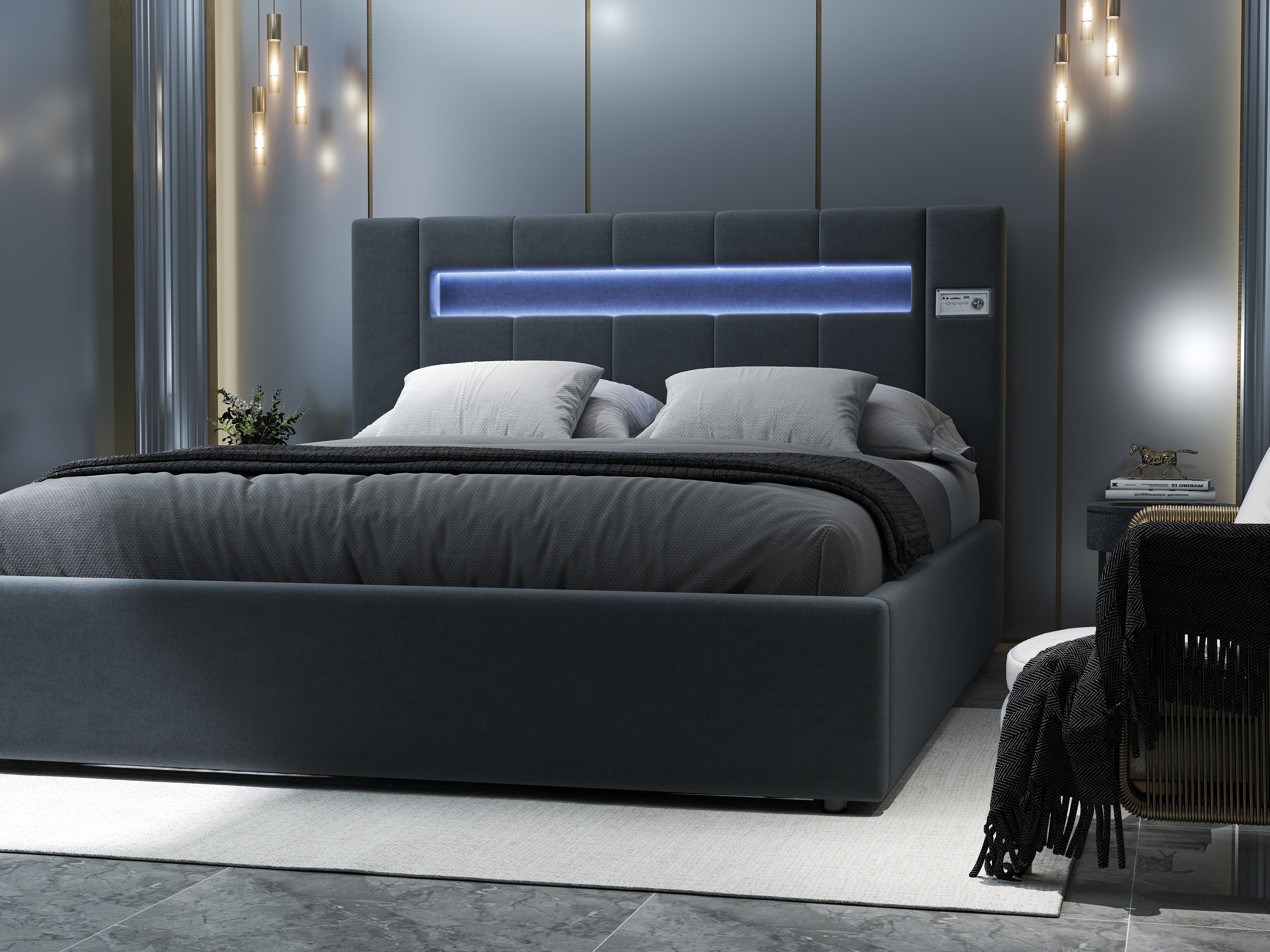Pat dormitor dumonde, tapitat gri cu LED si SISTEM AUDIO, Glow 160x200 cm, somiera rabatabila inclusa, spatiu depozitare WLS