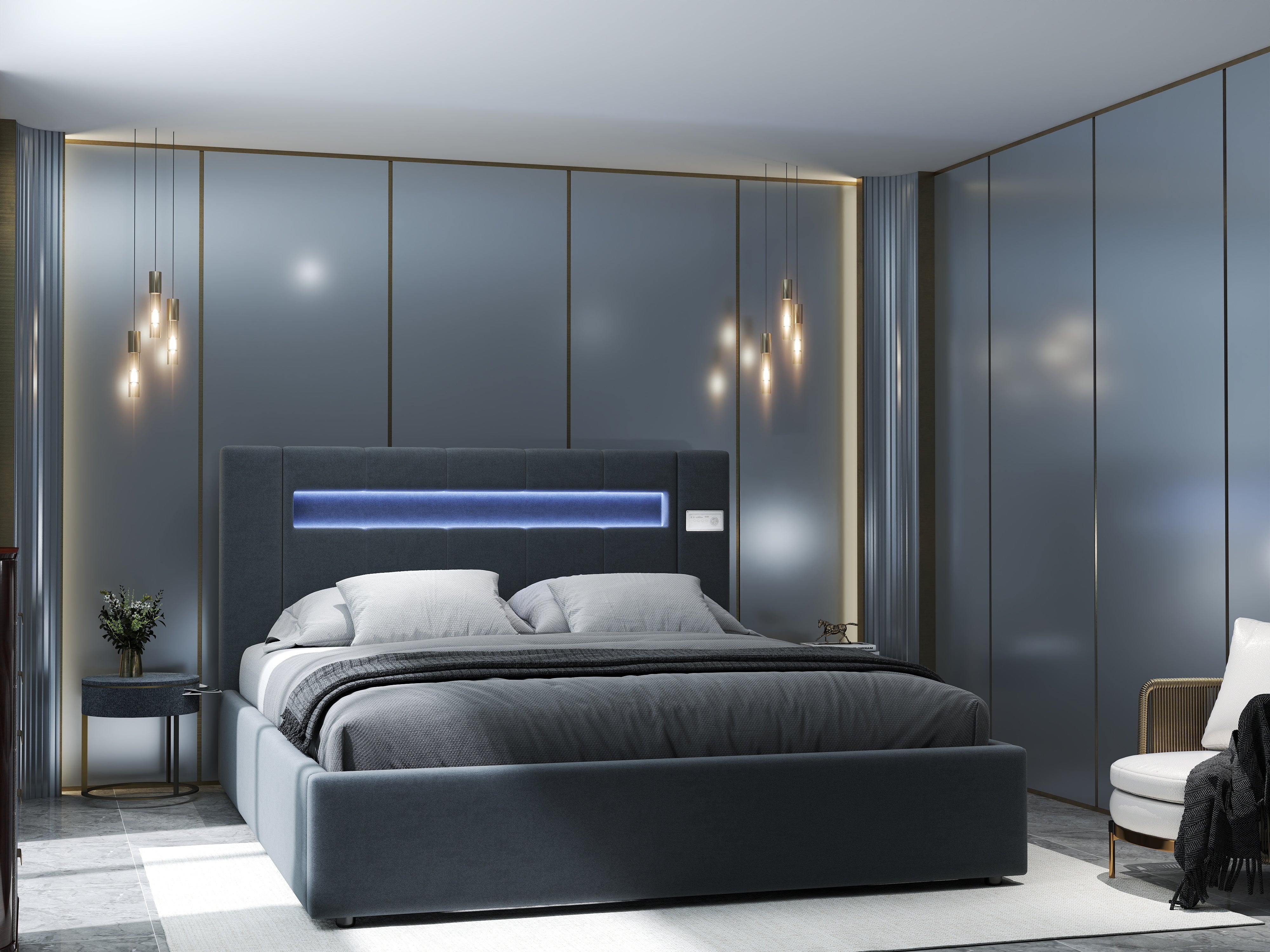 Pat dormitor dumonde, tapitat gri cu LED si SISTEM AUDIO, Glow 160x200 cm, somiera rabatabila inclusa, spatiu depozitare WLS