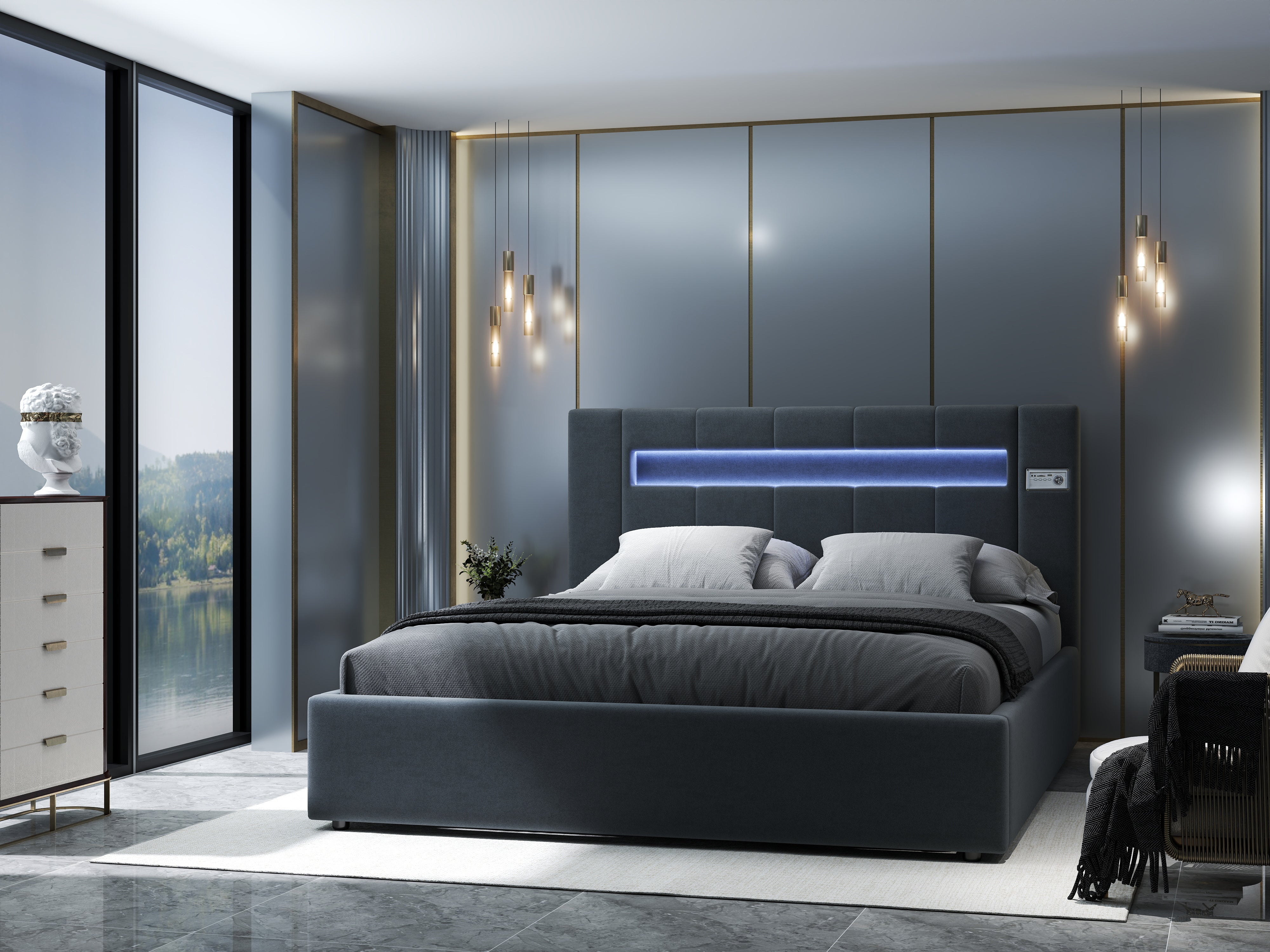 Pat dormitor dumonde, tapitat gri cu LED si SISTEM AUDIO, Glow 160x200 cm, somiera rabatabila inclusa, spatiu depozitare WLS