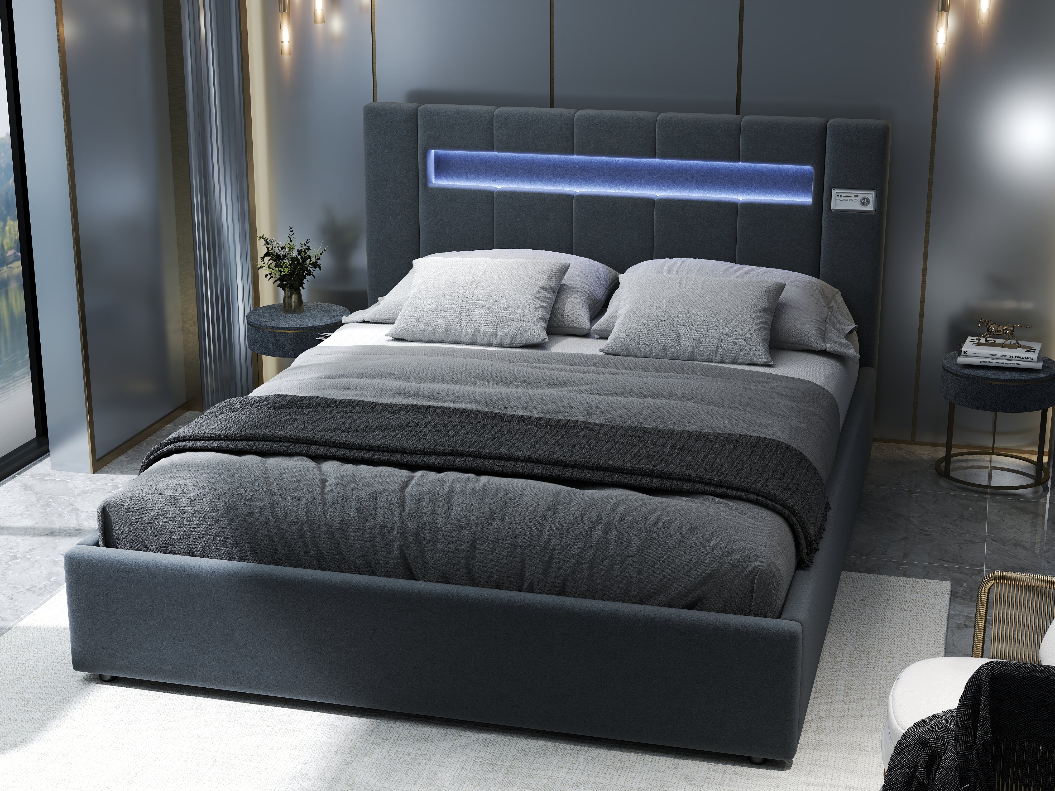 Pat dormitor dumonde, tapitat gri cu LED si SISTEM AUDIO, Glow 160x200 cm, somiera rabatabila inclusa, spatiu depozitare WLS