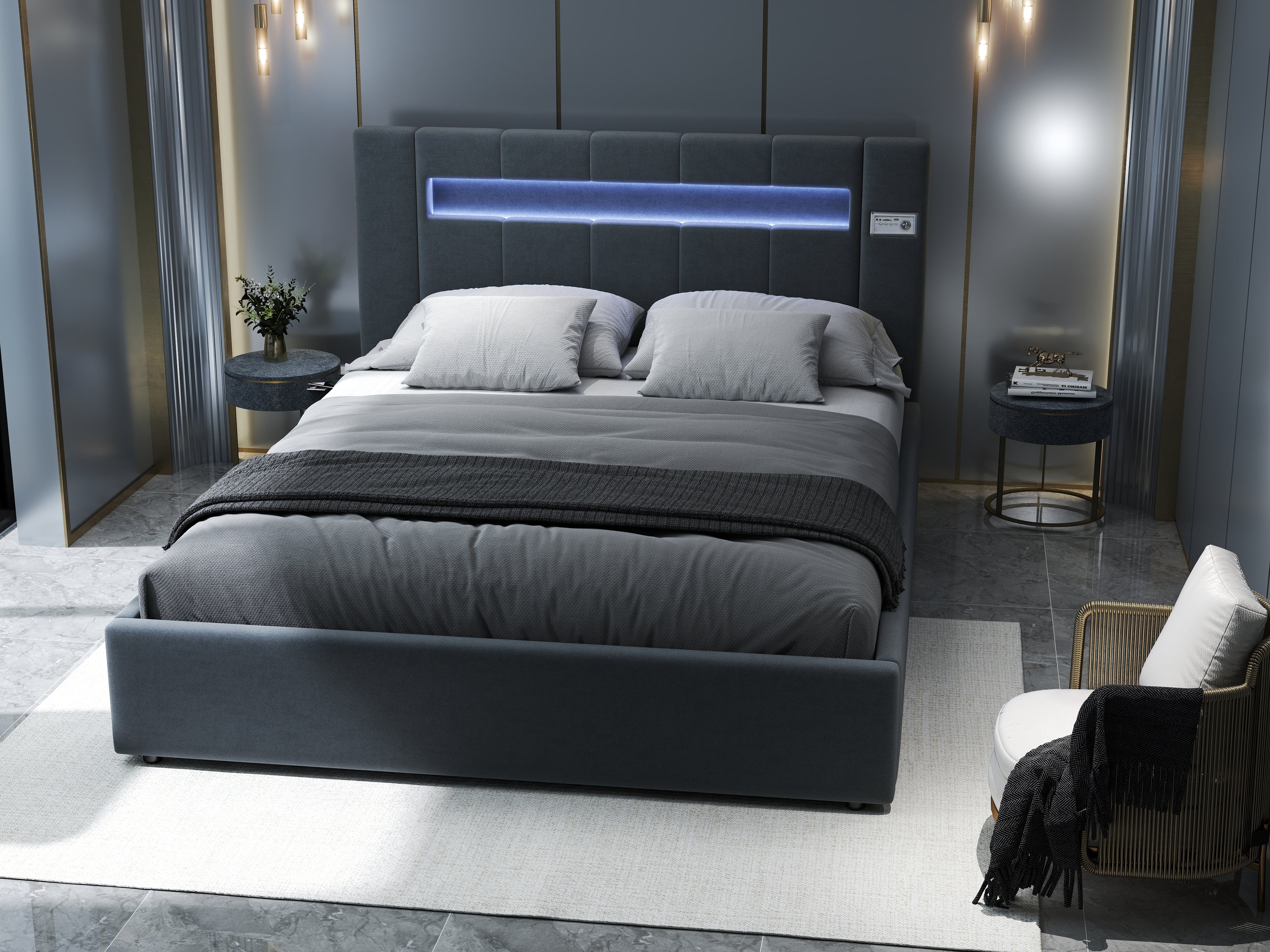 Pat dormitor dumonde, tapitat gri cu LED si SISTEM AUDIO, Glow 160x200 cm, somiera rabatabila inclusa, spatiu depozitare WLS