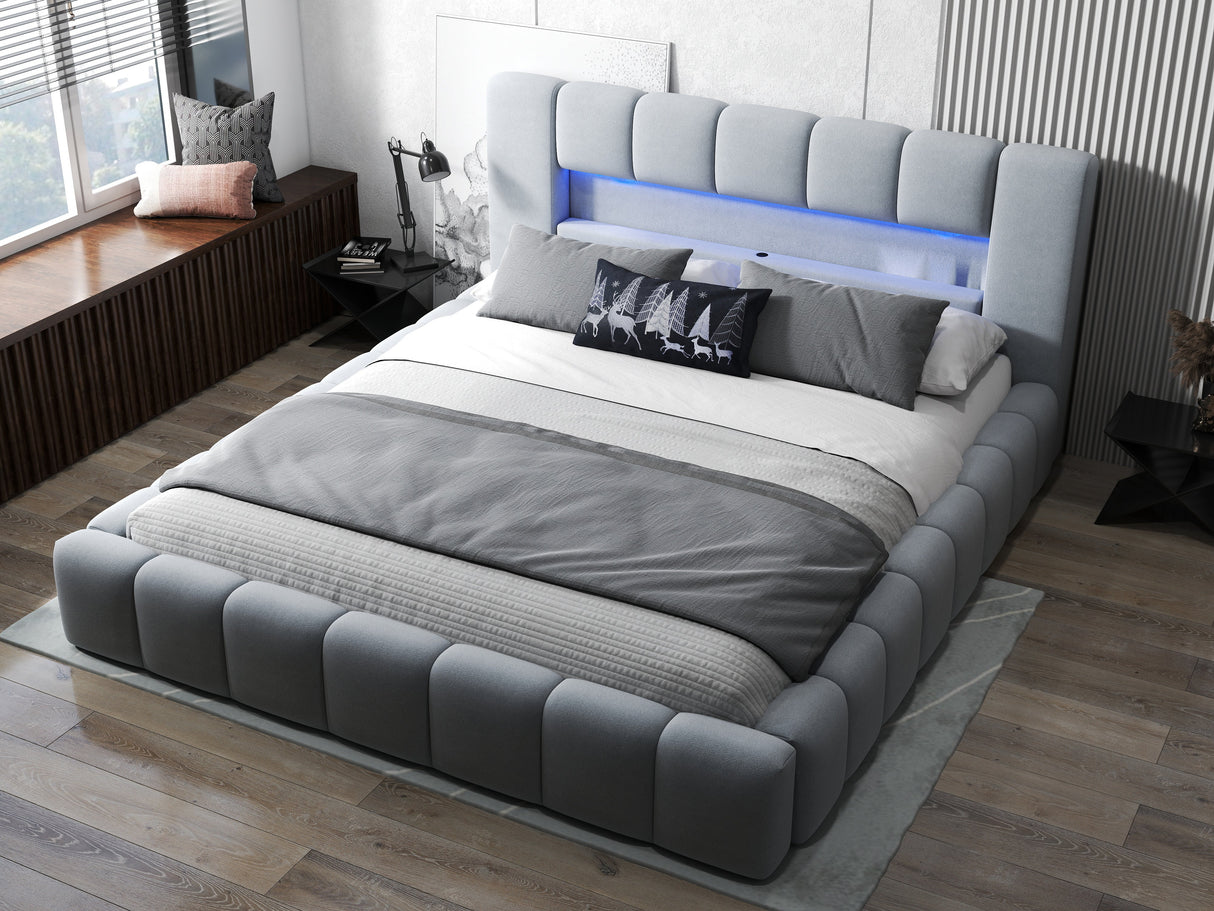 Pat dormitor dumonde, tapitat gri cu LED si USB, Palermo 180x200 cm, somiera rabatabila inclusa, spatiu depozitare WLS