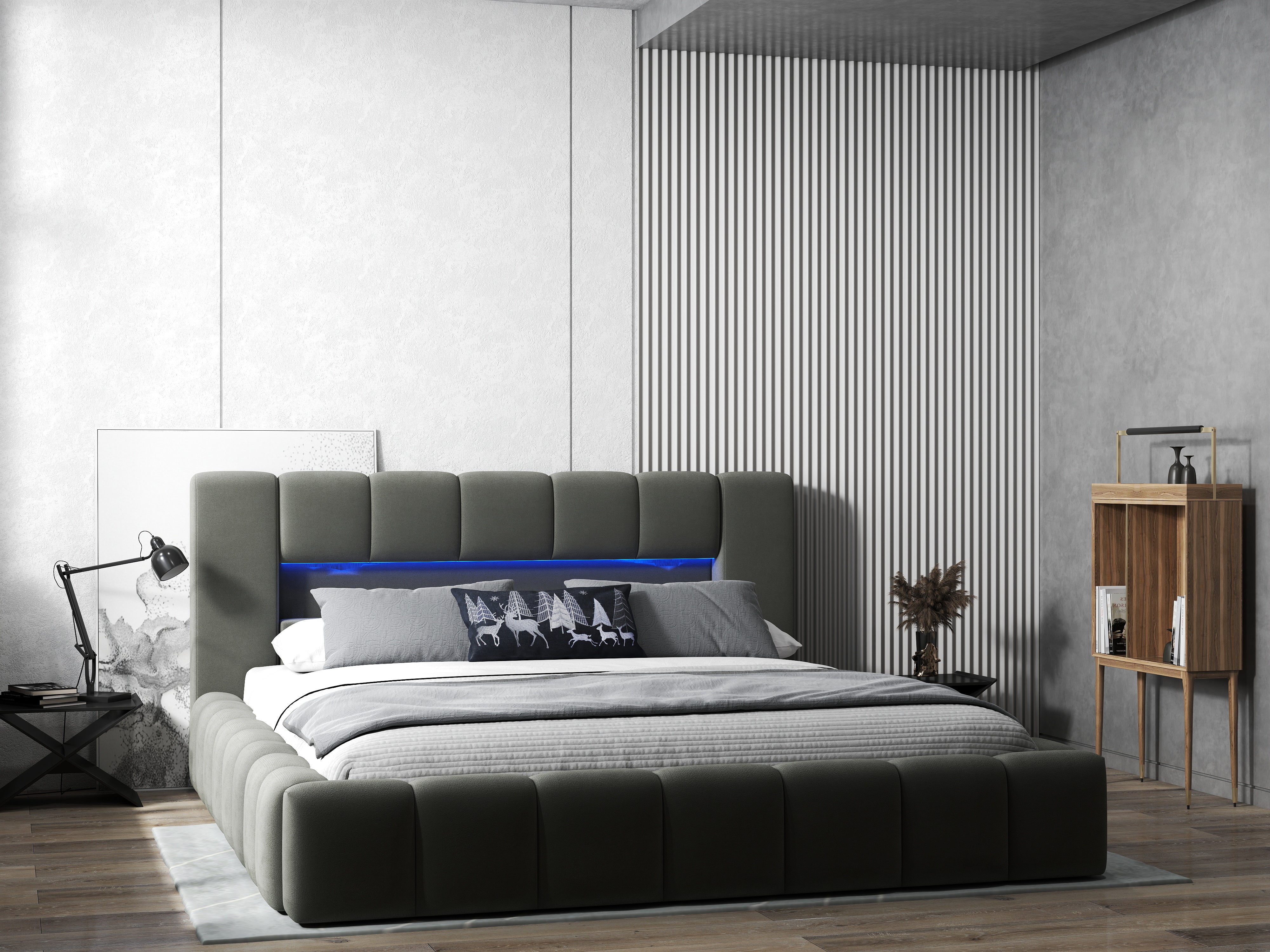 Pat dormitor dumonde, tapitat gri cu LED si USB, Palermo 160x200 cm, somiera rabatabila inclusa, spatiu depozitare WLS