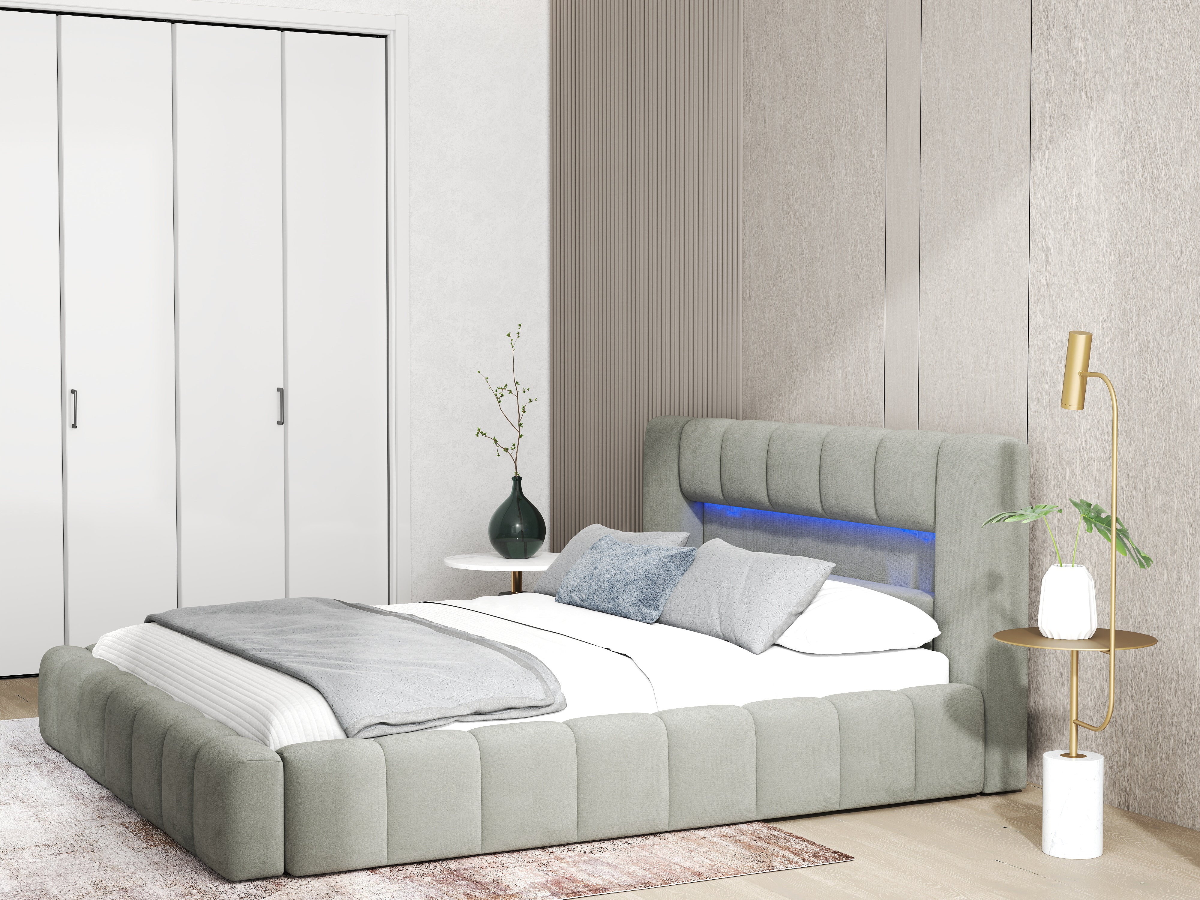 Pat dormitor dumonde, tapitat gri cu LED si USB, Palermo 140x200 cm, somiera rabatabila inclusa, spatiu depozitare WLS